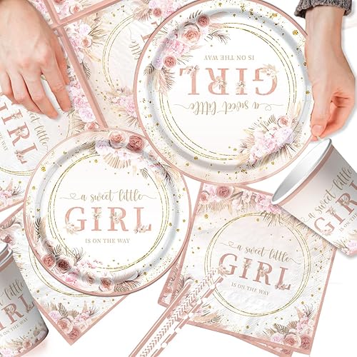 Miniatura 5 de Decoraciones de baby shower para niñas, 142 piezas de vajilla con texto en inglés A Sweet Little Girl is on The Way (Una niña dulce está en camino),
