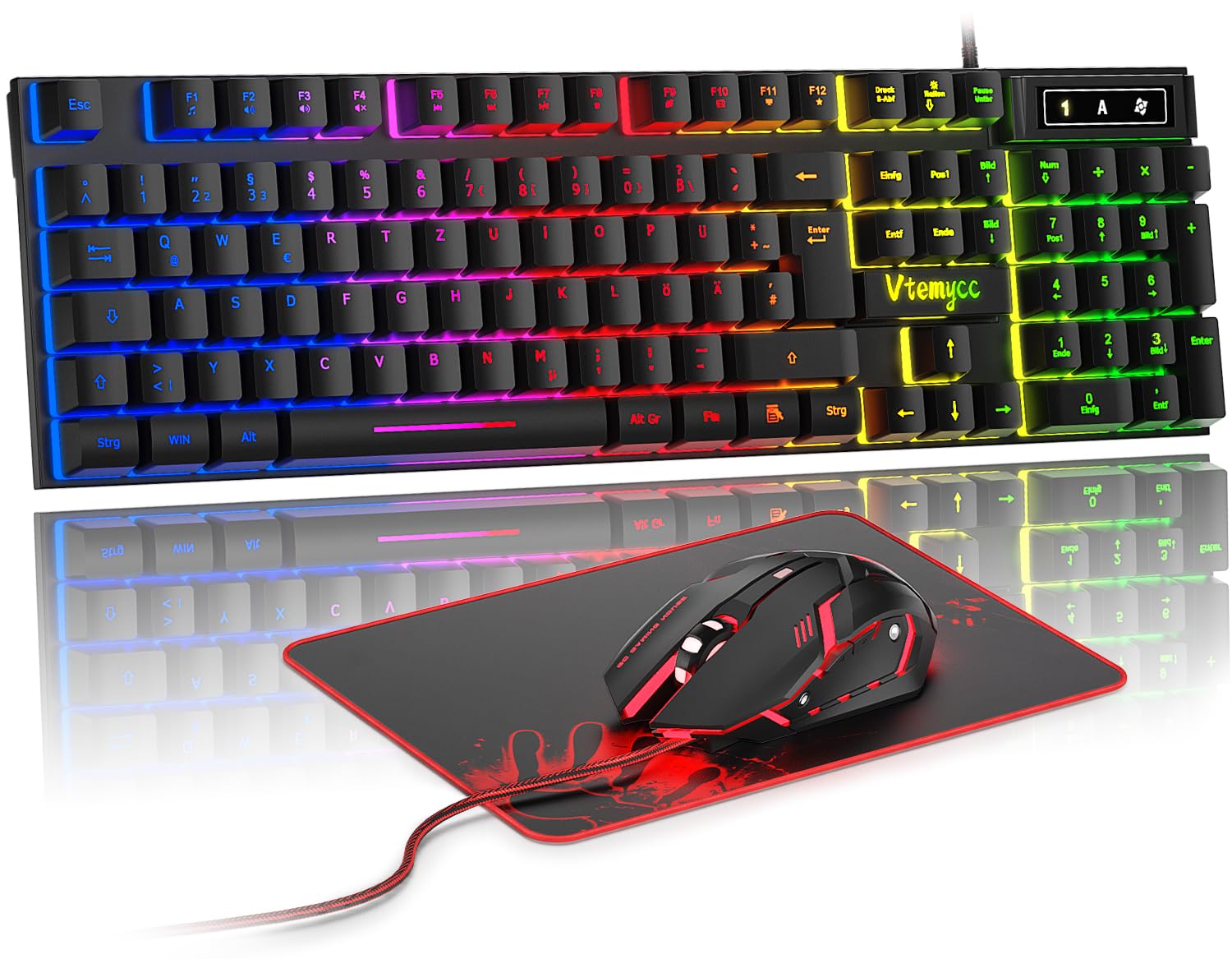 Gaming Tastatur und Maus Set, QWERTZ DE Layout, RGB Hintergrundbeleuchtung Tastatur Beleuchtet, 4 Farben Ergonomische Gaming Maus, USB Kabelgebundene Tastatur Maus mit Mauspad für PC, Mac