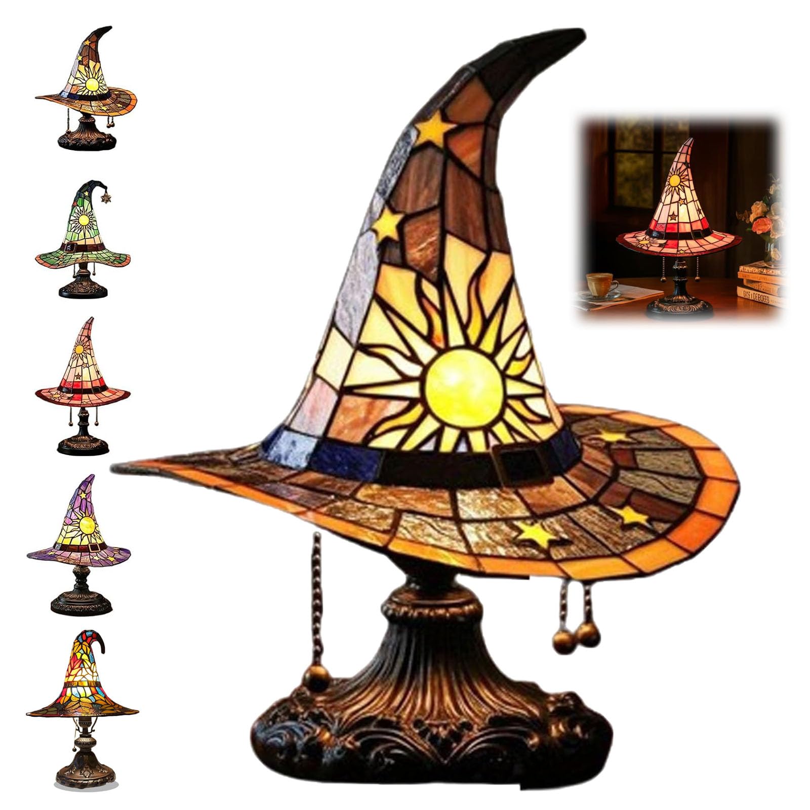 Witch Hat Lamps, 2025 Stained Glass Witch Hat Lamp, Stained Glass Witch Hat Lights with Mystical Charm, Handmade Gothic Wizard Hat Shape Lights for Bedroom Party of Halloween Decor (Orange)