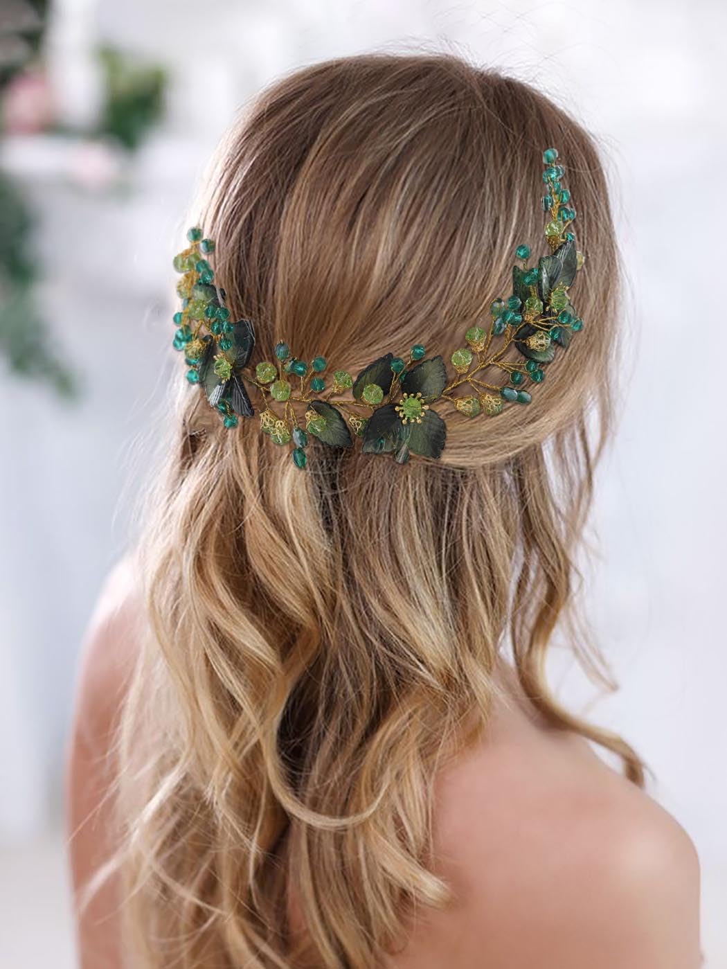 IYOU Cristal Boda Vides de Pelo Verde Hoja Novia Diadema Diamantes de imitación Tocado Prom Novias Dama de honor Accesorios para el cabello para Mujeres