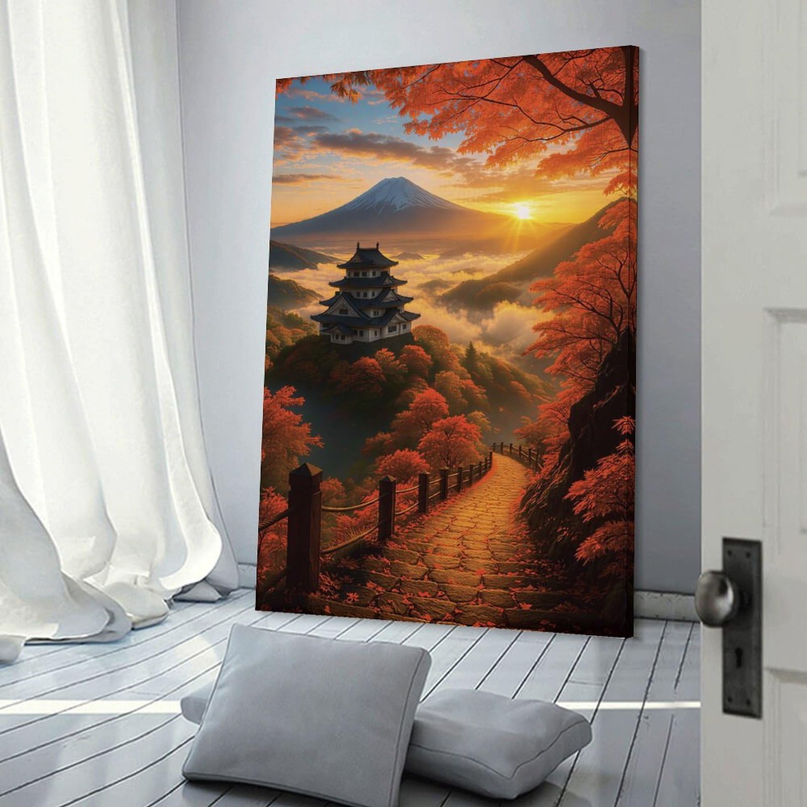 Junmoney Mount Fuji And Japanese Castle at Sunset Canvas Art Print, 24x36inch(60x90cm), for Wall Displays, Bedrooms Or Room Updates, Home Wall Art for Statement Displays