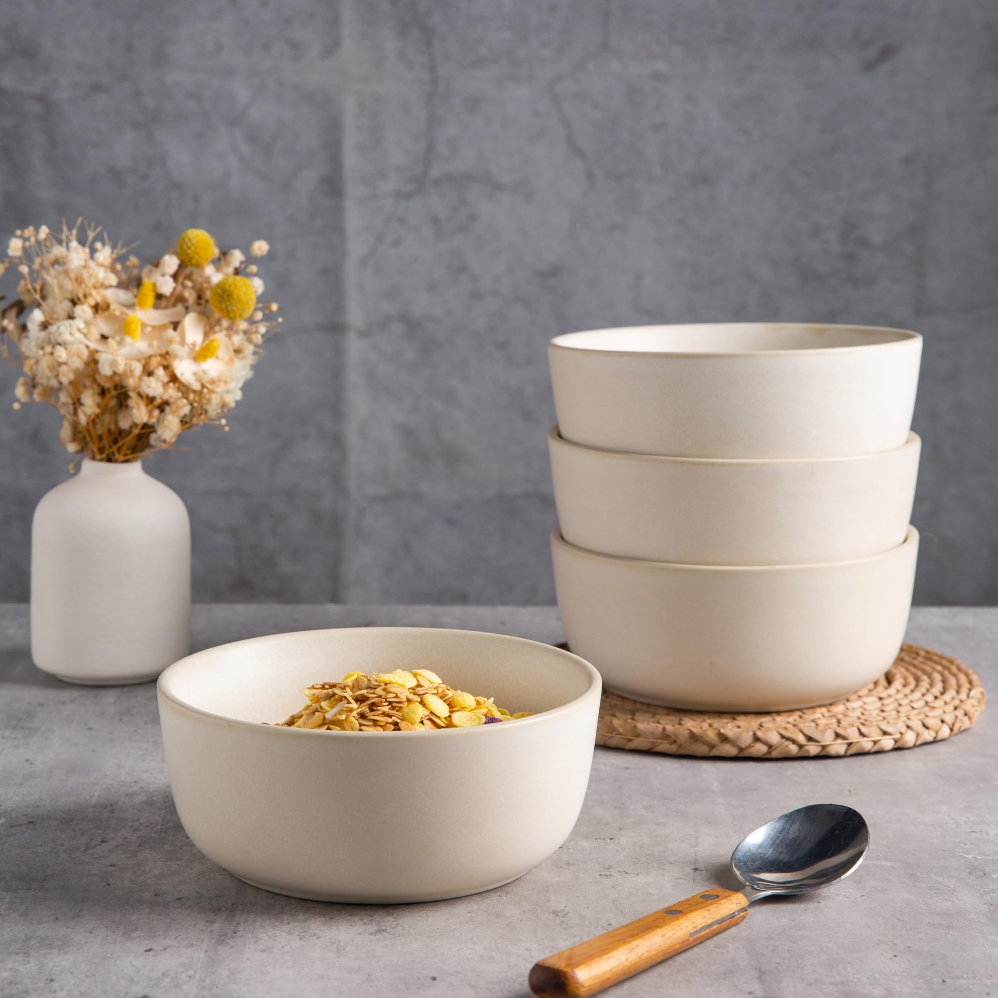 AmorArc Stoneware Cereal Bowls Set of 6, 26oz Soup Bowls Set for Cereal Soup Snacks, Modern Kitchen bowls for Meal, Dishwasher &Microwave Safe, Matte Ivory