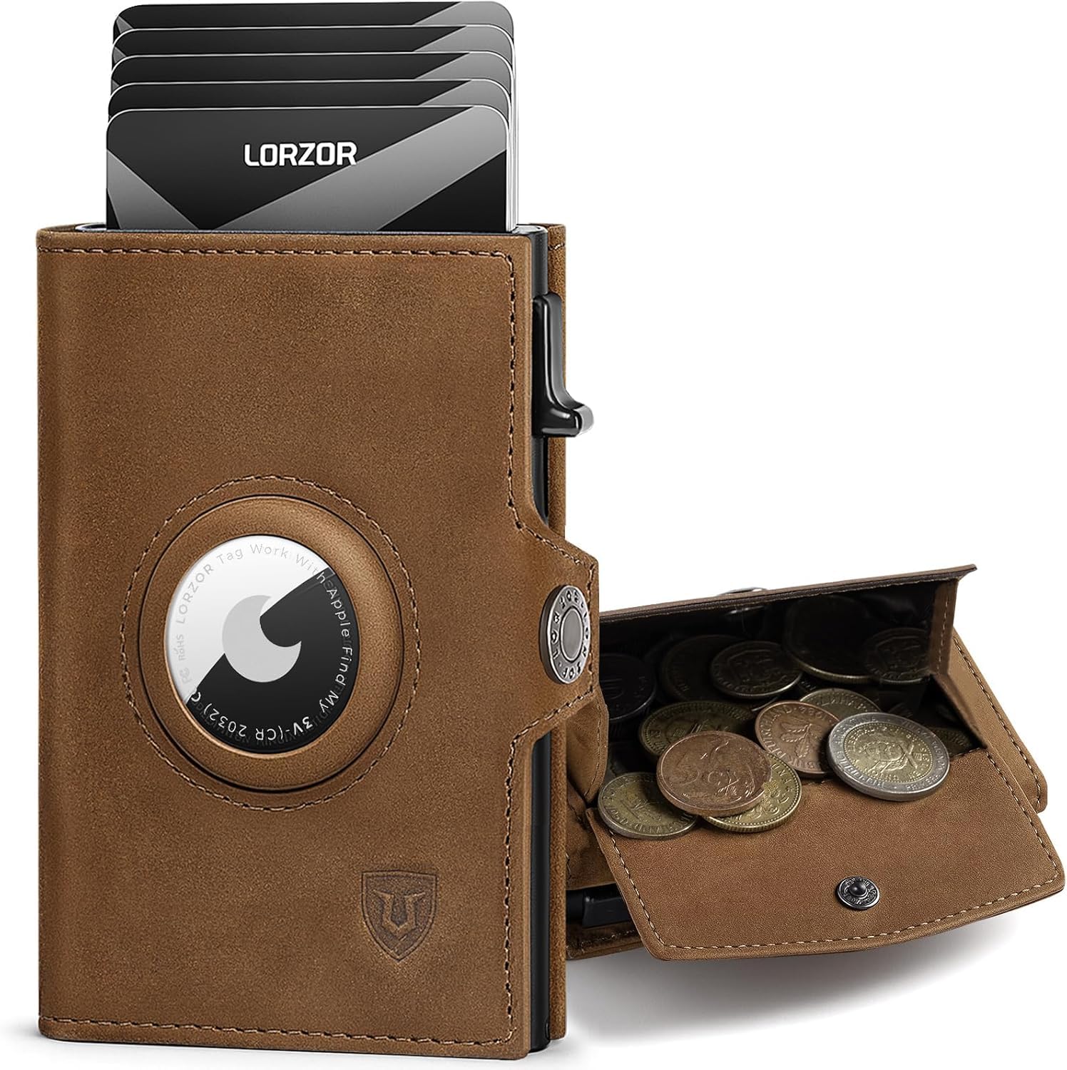 LORZOR Portafoglio Airtag con Portamonete XXL, Portacarte Uomo, Portafoglio Uomo Slim Pelle Vera, Porta Tessere Tascabile con Protezione RFID, Porta Carte di Credito Pop-up per 10 Cartes