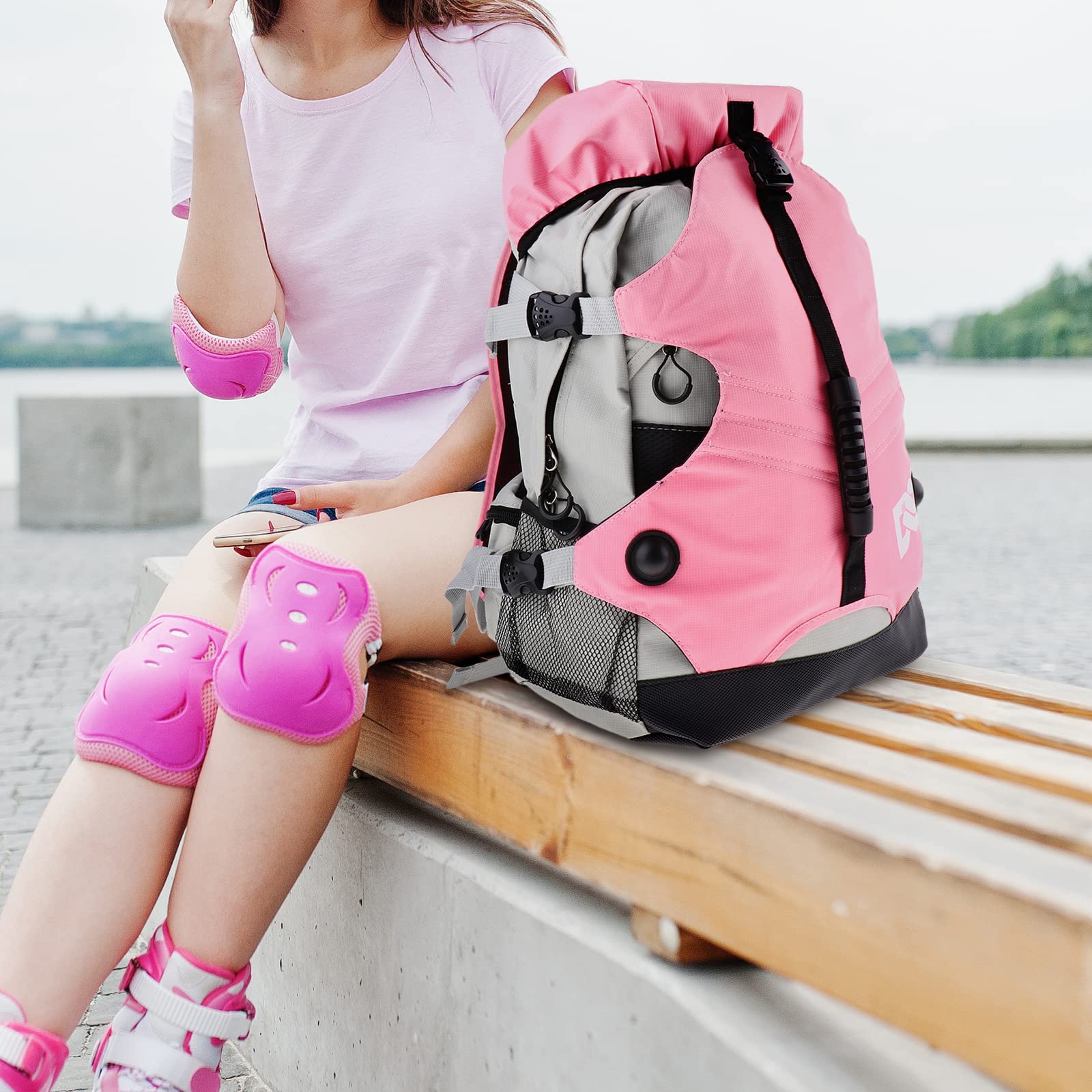 Fenteer Sac de Transport Sac à Dos de Patins à roulettes Multi-Niveaux - Rose, 32x18x45cm