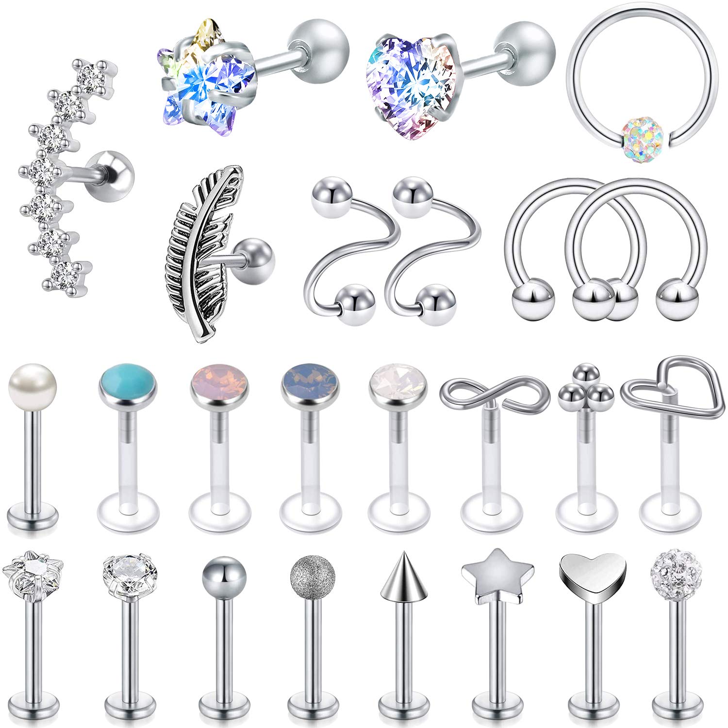 PunkTracker25Pcs 16G Cartilage Earrings Tragus Earring Surgical Steel Studs Helix Conch Rook Daith Piercing Jewelry Lip Rings for Women Men