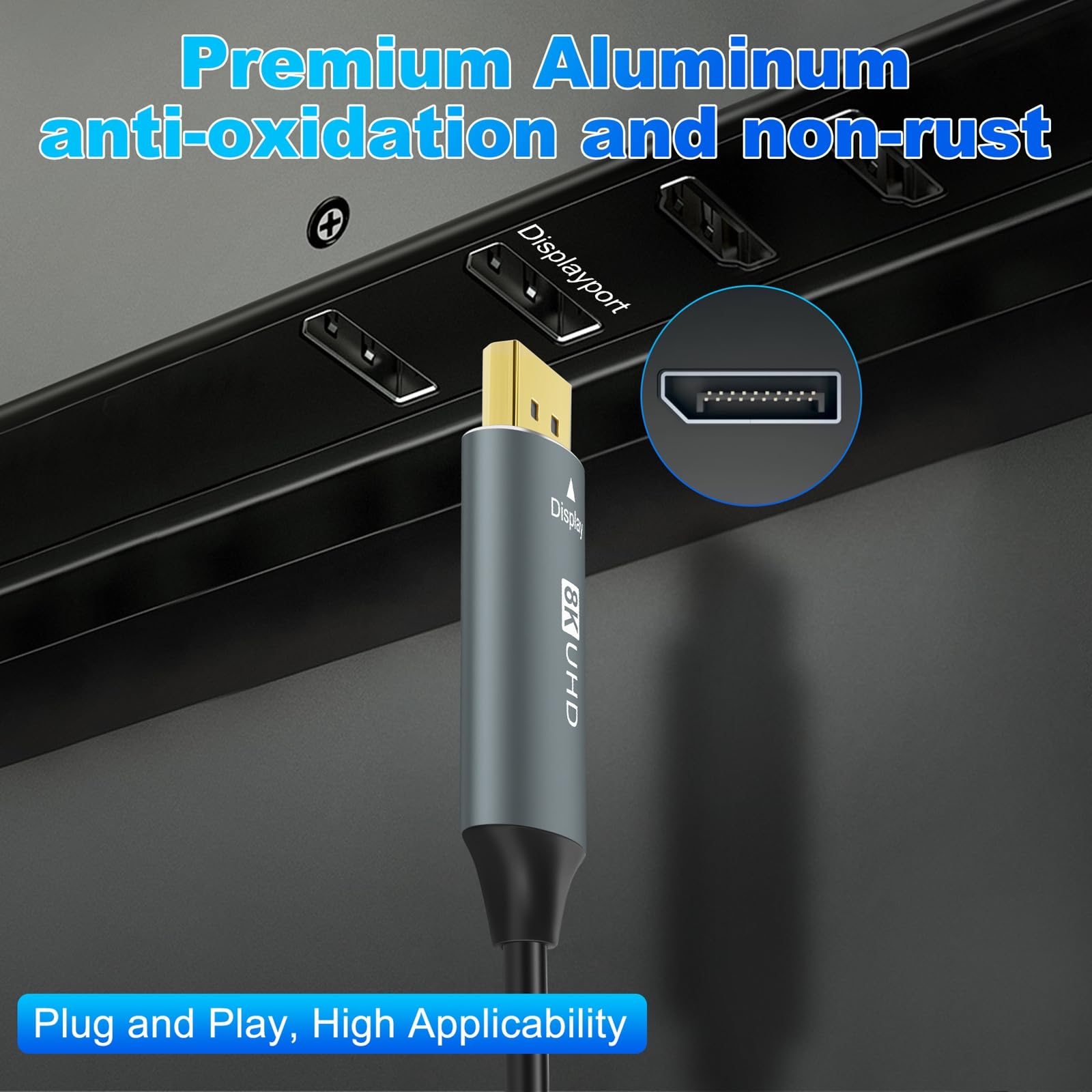 Cable de Fibra óptica DisplayPort 4K 8K 50M, DP a DP 1.4 Cable 8K@30Hz 4K@144Hz, 2K@165Hz, 32.4Gbps Compatible con HDR, G-Sync FreeSync para laptop, PC, TV