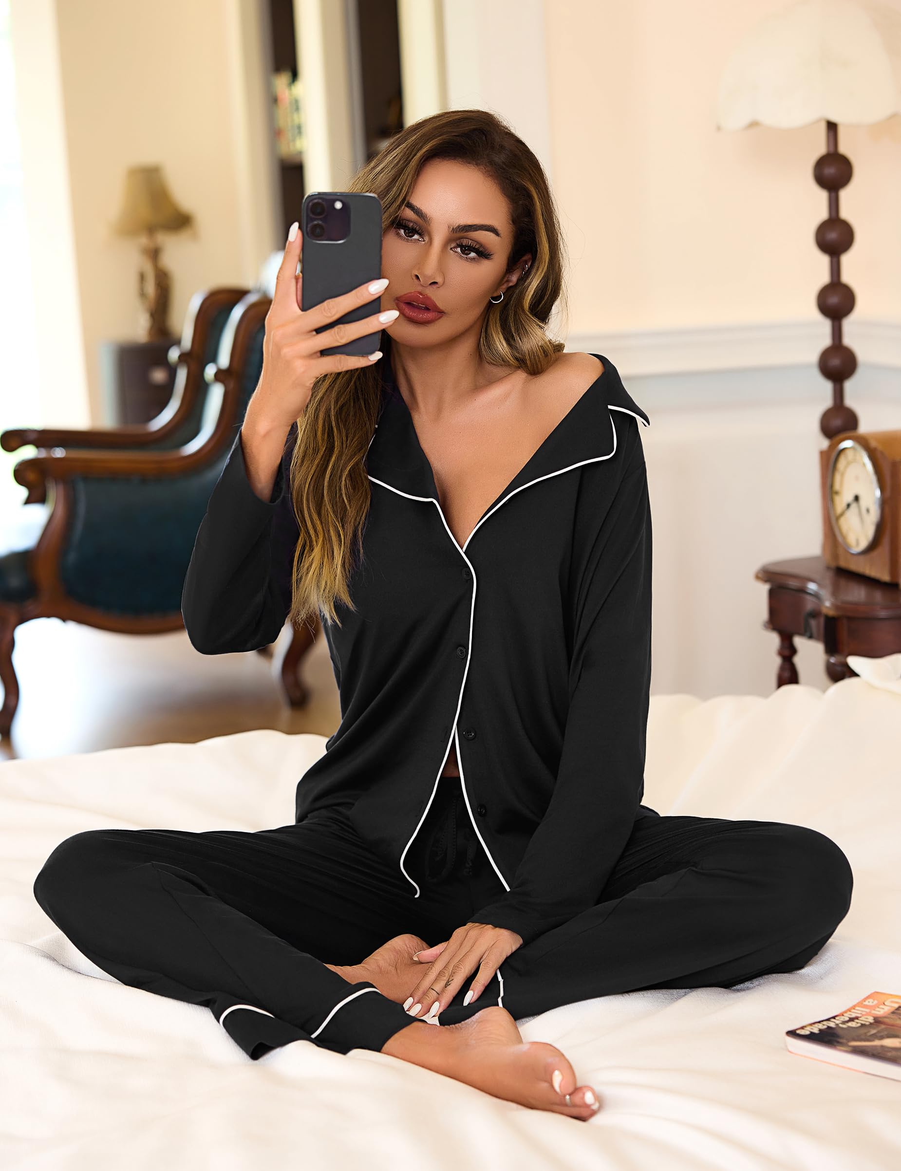 Bresdk Pigiama Donna Invernale Aperto Davanti con Bottoni Cotone a Maniche Lunghe Pigiami Due Pezzi Sciolto Accogliente per Casa e Casuale Ospedale