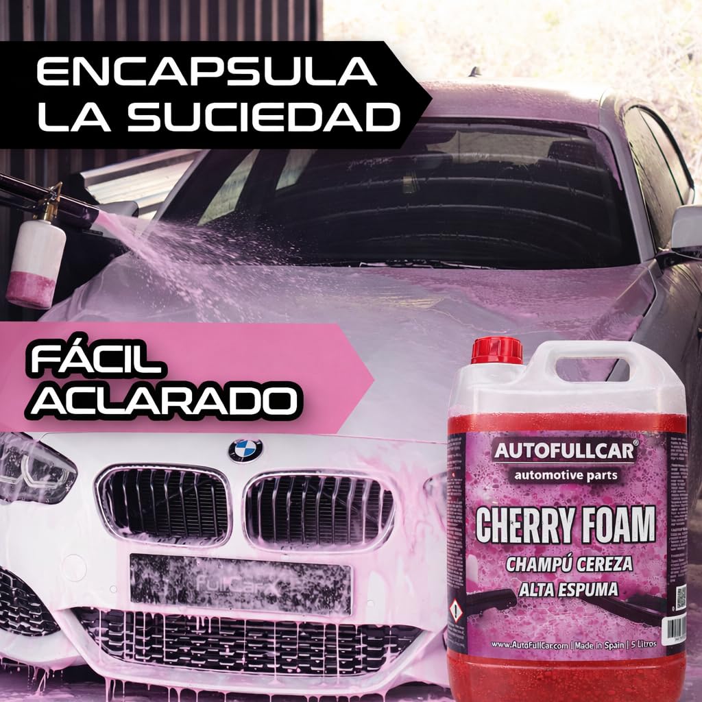 AutoFullCar Cherry Foam 5 Litros, Champu Espuma Activa Coche Rosa, Limpiador Alcalino Alta Concentracion, Lavado Carroceria, Uso con Lanza Foamer o Cubo, Encapsula Suciedad