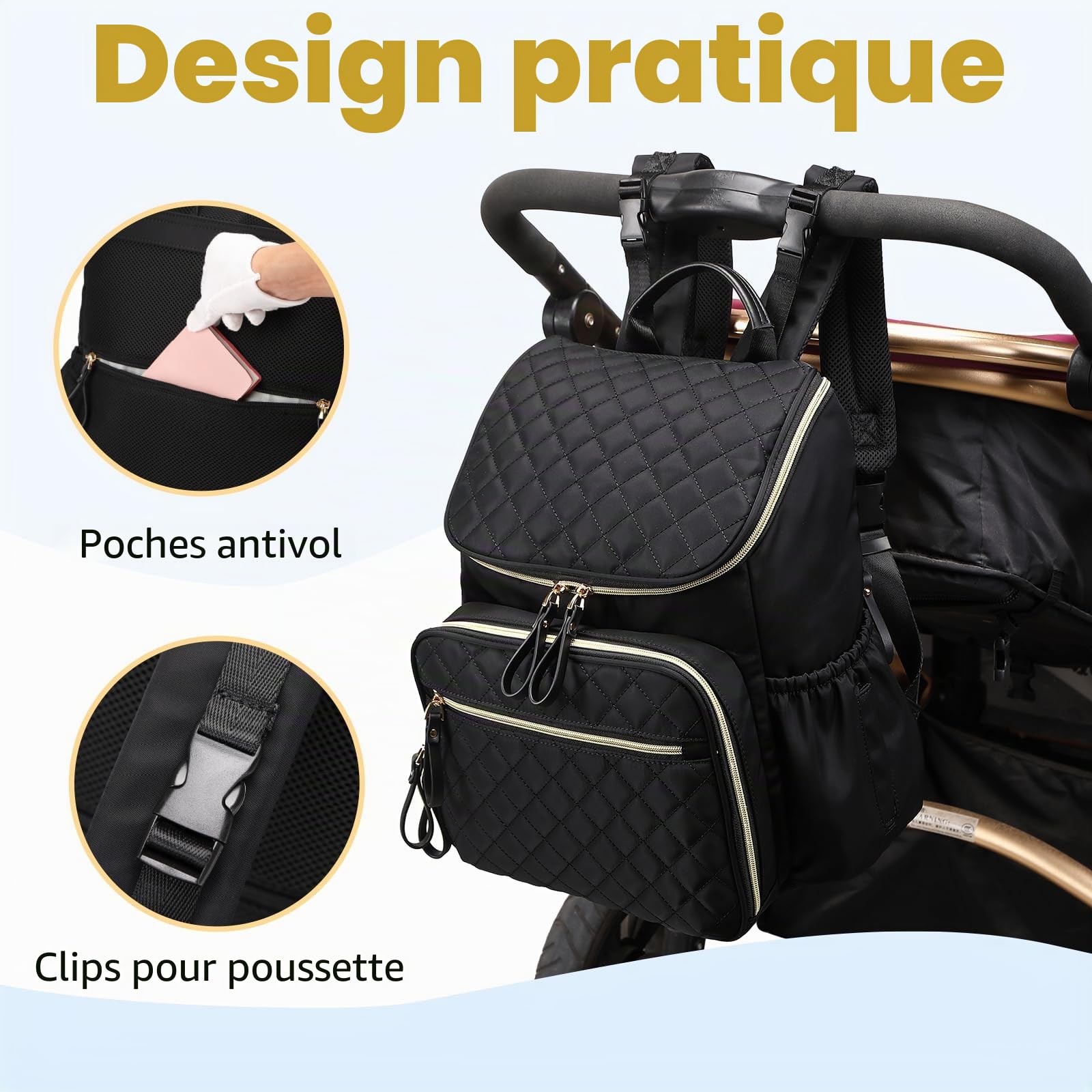 LORADI Sac à langer de grande capacité avec boucle de poussette, sac à dos de voyage résistant à l'eau avec poches isothermes, Noir/doré, Large, Classique