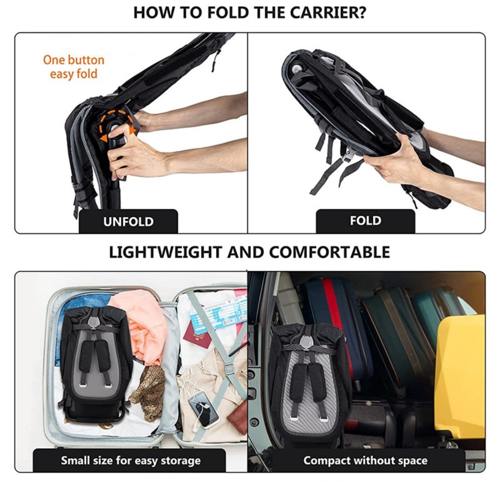 Mochila portabebés Premium con arnés de 5 Puntos, toldo Parasol, diseño Plegable y múltiples Bolsillos: Comodidad ergonómica para Senderismo, Viajes y Aventuras al Aire Libre.