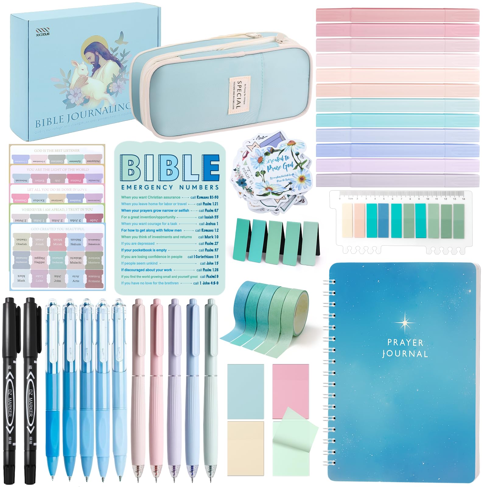 XKDOUS Bible Study Supplies Journaling Kit for Women, Bible Study Kit, Bible Study Tools with Prayer Journal Pencil Case Bible Accessories, Christian Gifts for Women, Blue