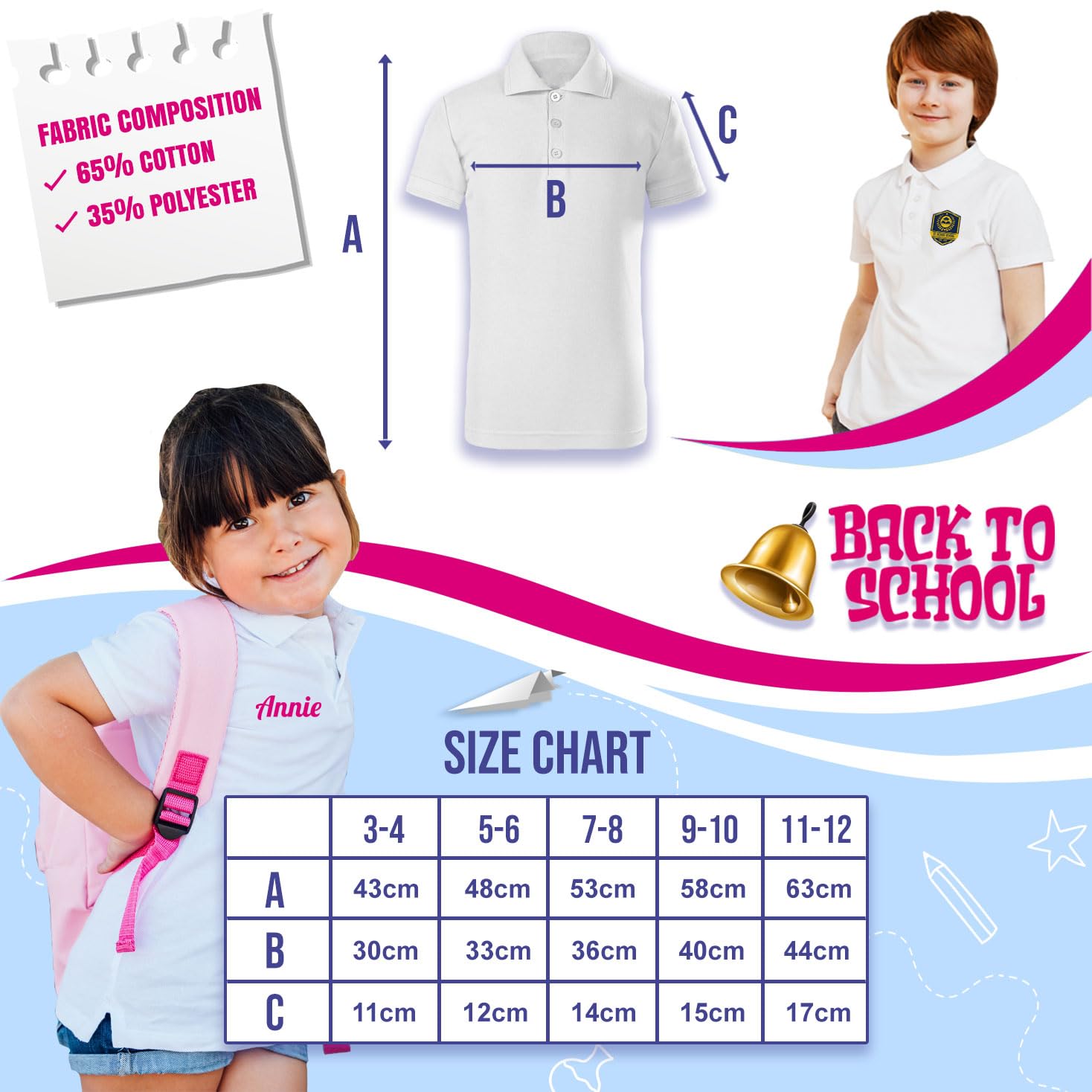 Polo Infantil Personalizado con Foto, Logo o Texto – Polo clásico con Botones, Camiseta de Uniforme Escolar para Niños y Niñas, también Disponible Sin impresión