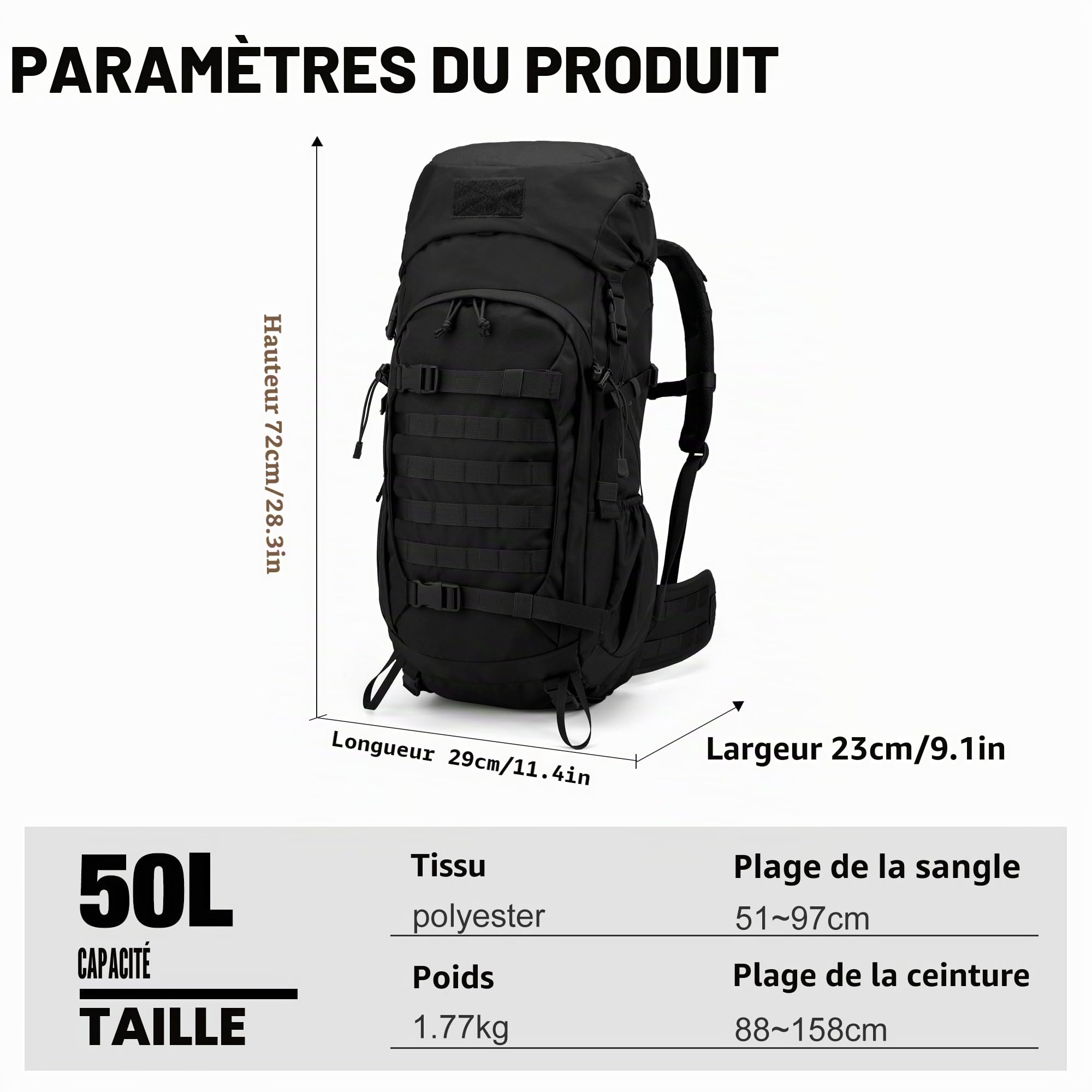 Mardingtop 50L Sac à dos tactique de trekking avec housse de pluie pour randonnée et voyage