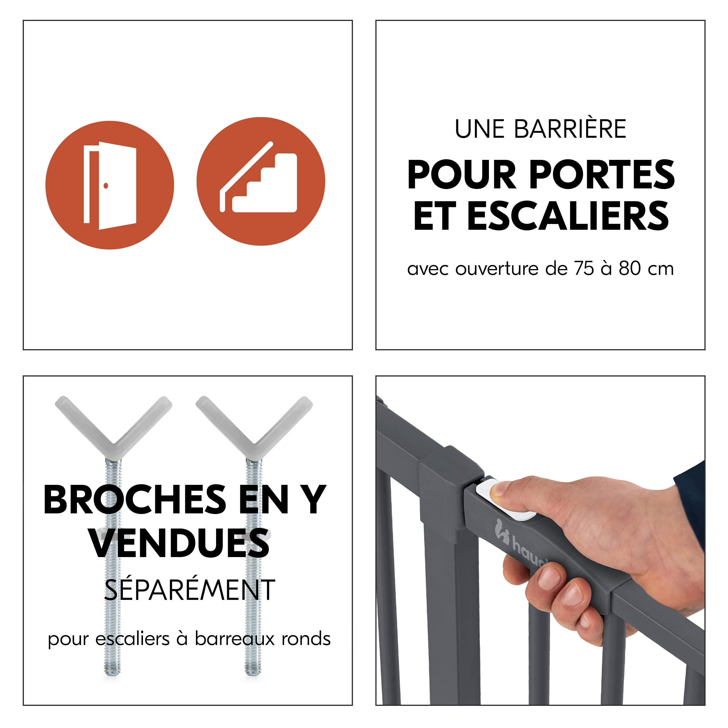 hauck Lot Barriere de Securite Enfant Clear Step (Largeur 75 à 80 cm) Sans Percage, Seuil Ultra Plat, Ouverture Bilatèrale à 1 Main - 3x Bloque Porte Bébé, Gris Foncé