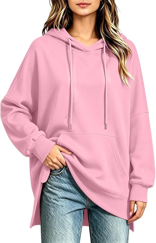 buzo con capucha de manga larga con abertura lateral y cuello en V extragrande y palangre para Mujer | buzo tipo túnica holgada con cuello en V y bolsillo, buzo con capucha de forro polar suave a juego con jeans