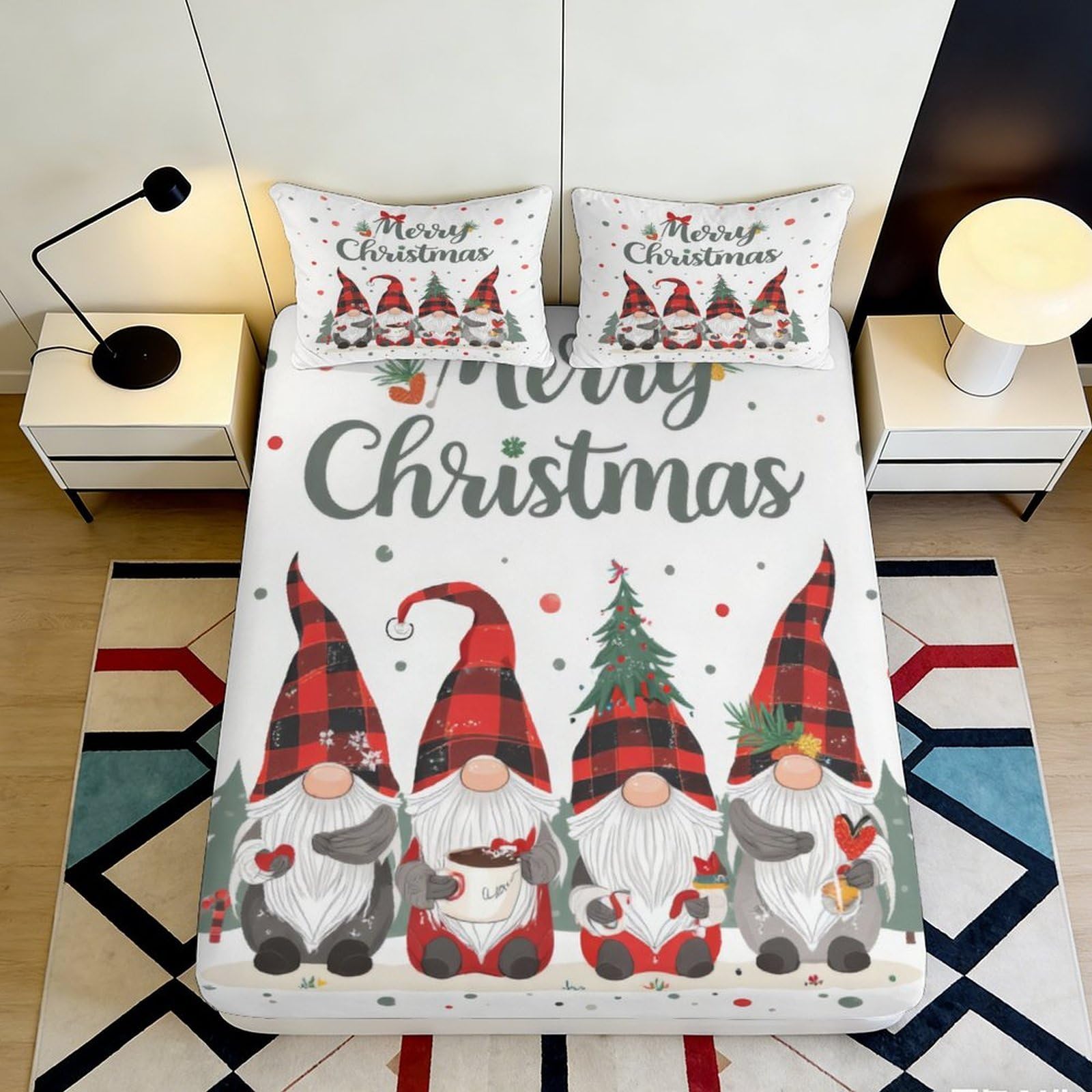 Uynsixtme Style-4 3D Printed Christmas Gnome Fitted Sheet Microfiber Deep Pocket For Adults Bedroom Bedding, Xmas Mattress Fitted Cover Full Wrap Washable 90X200x25cm