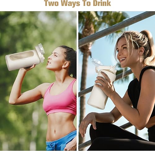 Miniatura 6 de Botella de agua de vidrio de 64 onzas con pajilla, botellas de agua transparentes con mano y tapa, botella de agua de medio galón con funda de