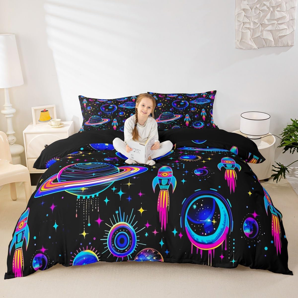 jejeloiu Kids Galaxy Bedding Set Toddler Size, Outer Space Duvet Cover Solar System Comforter Cover Boys Girls Universe Planets Teens Bedspread Cover Bed Set with 1 Pillow Case (No Comforter)