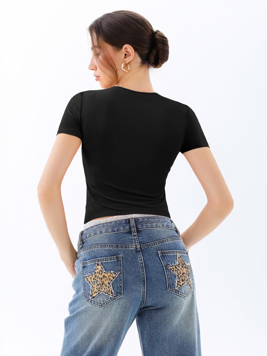 REORIA Women’s Crew Neck Short Sleeve Top Double Lined Basic Tees Ribbed Slim Fit Y2K T Shirt - Image 5