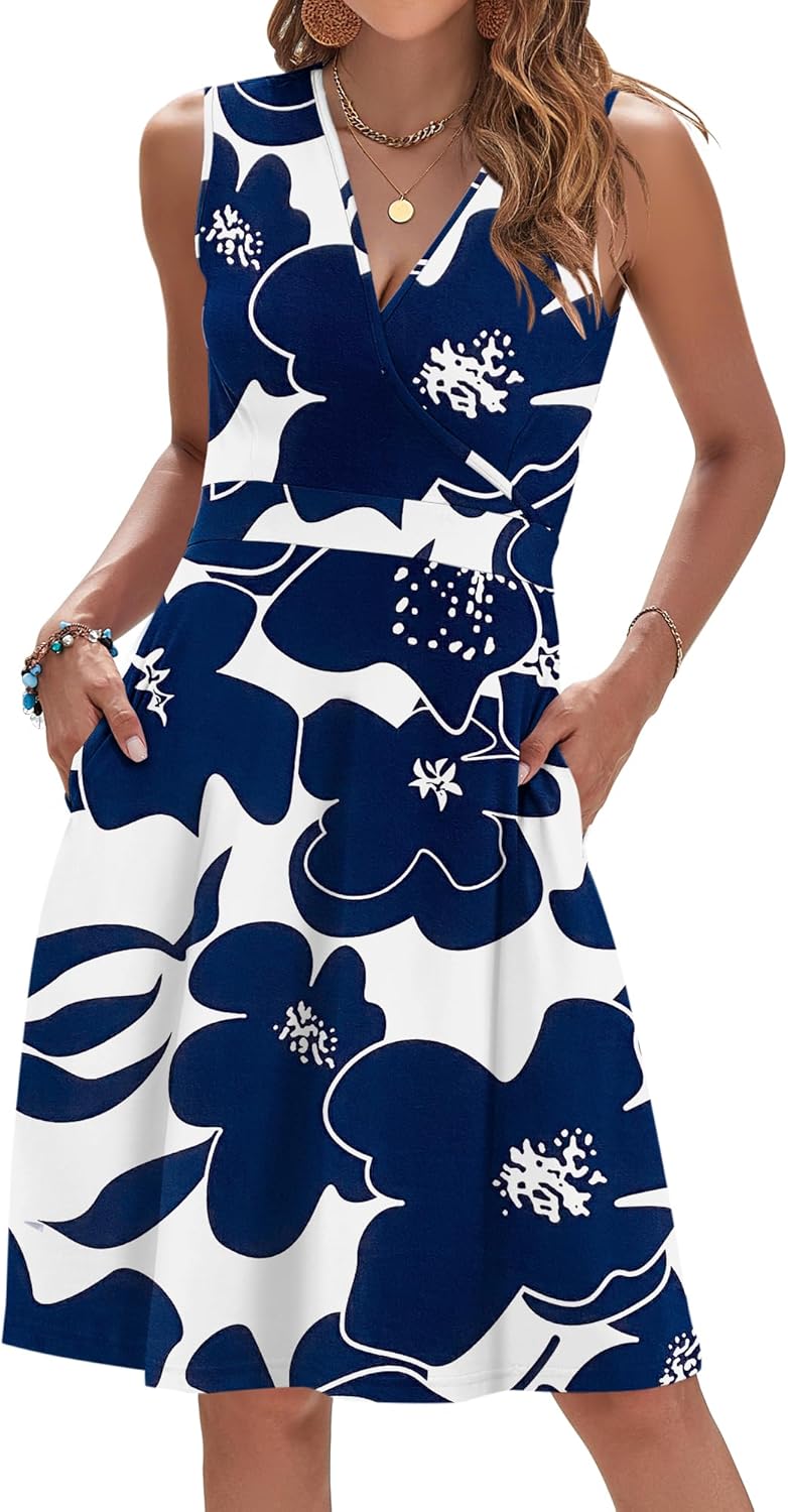 AUSELILY Womens Summer Dresses 2026 Sleeveless V Neck Wrap Floral Sundress with Pockets