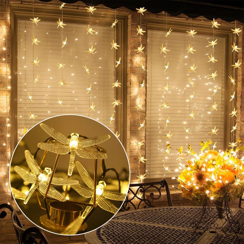 Dragonfly Christmas String Lights | 7M 50LEDs Battery Operated Dragonfly Hanging Fairy Curtain Lights for Halloween Christmas Holiday, Indoor Outdoor Decorative Lights Warm White