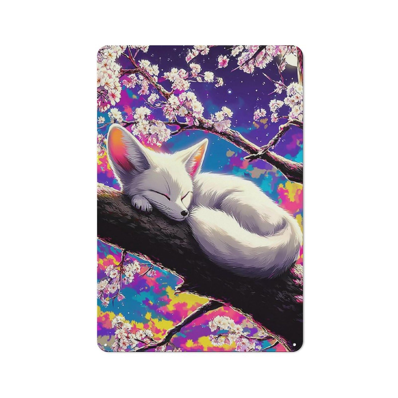 Junmoney Cherry Blossom Dreams Fox Art Print Vintage Tin Sign 30X20cm, Old Fashioned Retro Room Decor For Bedroom, Office, Home Bar Or Dining Room