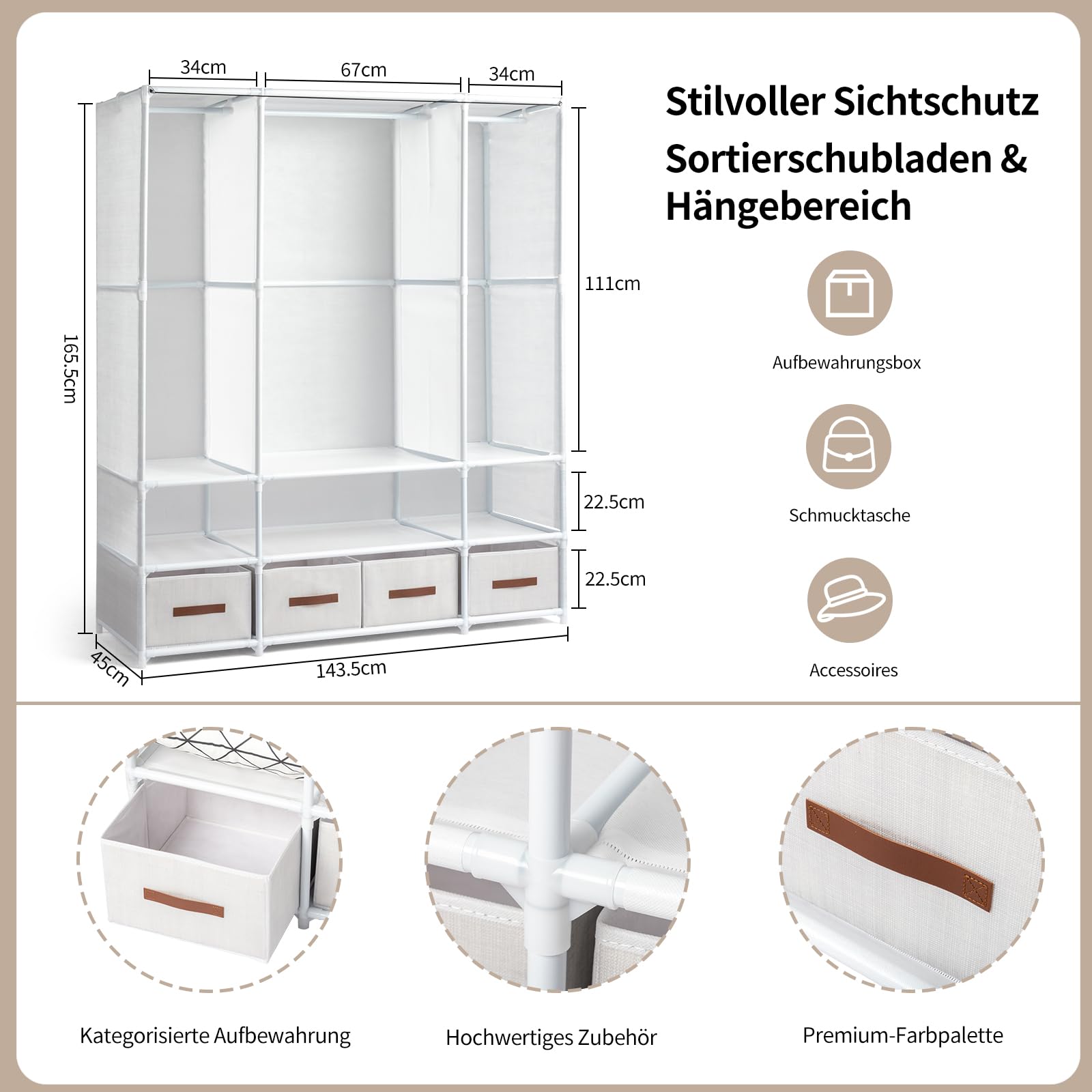 Alightup Armoire de Rangement avec Rideau, Penderie, Dressing, Armoire Métallique, avec Barres de Suspension, Porte-vêtements, pour Vestiaire, Chambre, 144 x 45 x 166 cm (Blanc, 144 x 45 x 166 cm)