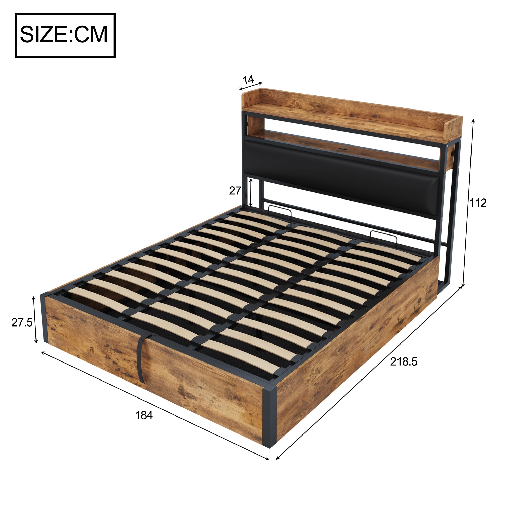 Letto 180 x 200 con sollevamento idraulico, USB, testata imbottita, design vintage in legno e metallo, spazio di archiviazione nascosto per letto matrimoniale. Mobili moderni per camera da letto