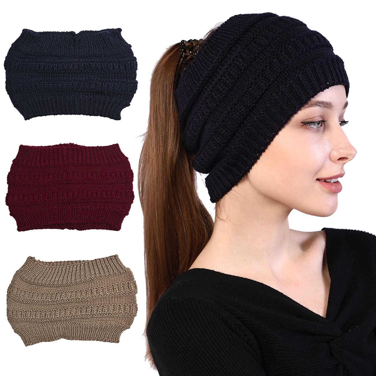 Kangqifen 3 Pack Women Knitted Ear Warmer Headband Soft Stretch Crochet Head Wraps Winter Ponytail Beanie Hat B-R-K