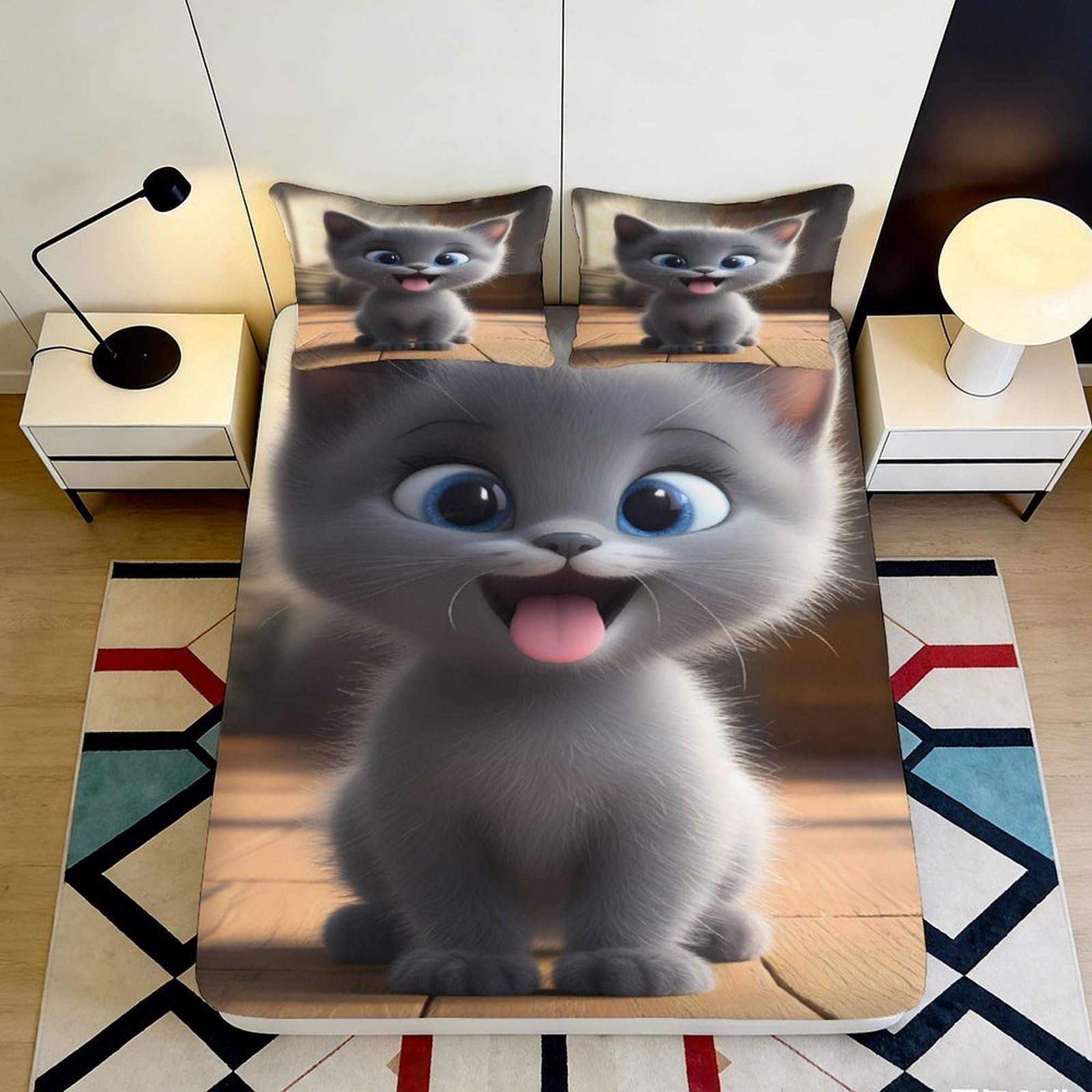 3D Printed Cute Cat Pattern Fitted Sheet Microfiber Deep Pocket Full Wrap Bedroom Cat Mattress Fitted Cover Washable 90x200x25cm