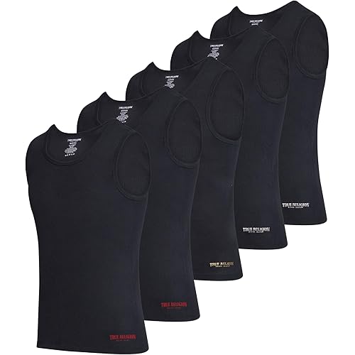 True Religion Lightweight Tank Tops for Men, 5 Pack Classic Ribbed Cotton Mens Undershirts