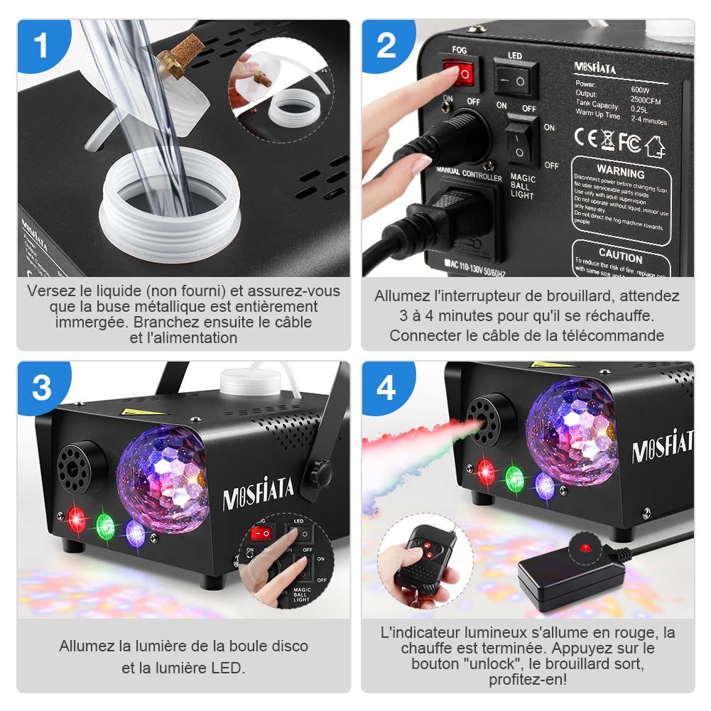Machine à Fumée, Machine à Brouillard avec Lampe à Boule Disco et Lumières LED RGB pour Fêtes, Anniversaire, Mariage, Halloween
