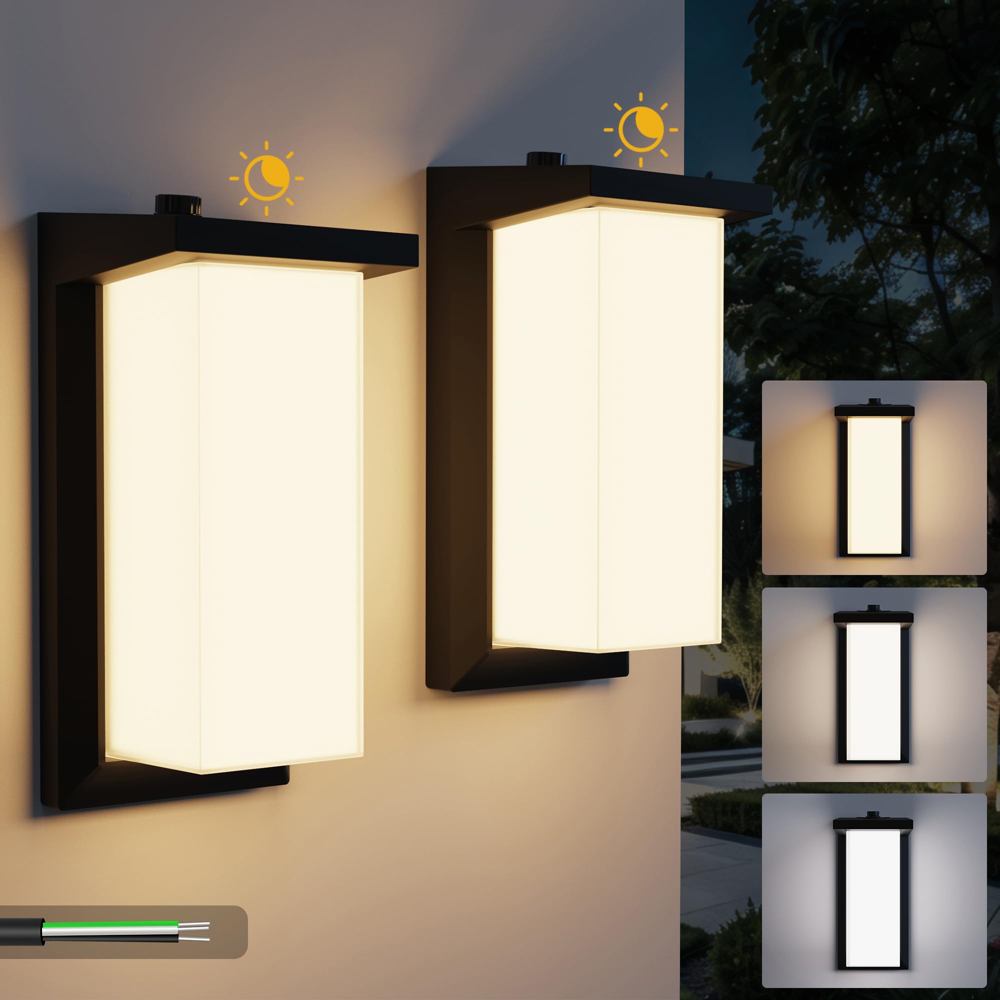LED Outdoor Wall Light Fixtures, Porch Lights Outdoor Color Temperature Changeable, Dusk to Dawn Modern Wall Sconces with 3 CCTs, IP 65 Waterproof