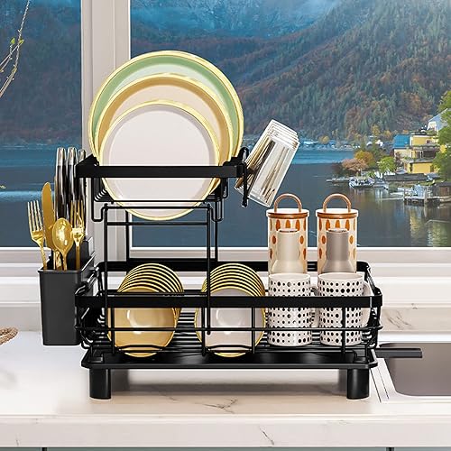 Miniatura 10 de Escurridor de platos con juego de escurridor, escurridor grande de 2 niveles con drenaje para encimera de cocina, escurridor de platos grande con