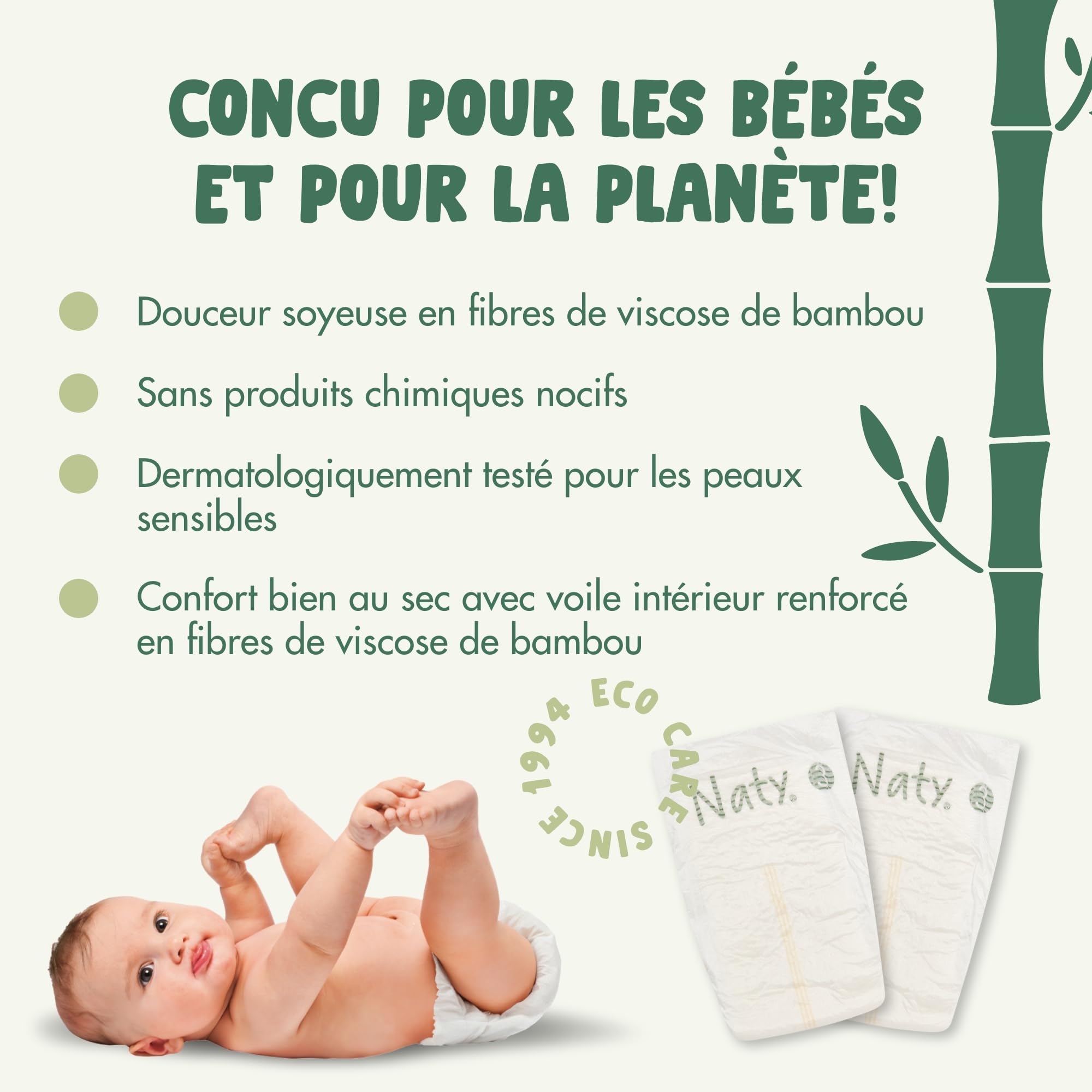 Naty Bamboo - Couches pour Bébé en fibres de viscose de bambou – Douceur soyeuse, Couches à base de plantes, Testées dermatologiquement pour peau sensible et super absorbantes (Taille 3, 156 unités)