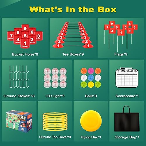 Miniatura 8 de Juego de cubo de golf para patio trasero, cubo de 9 agujeros, juego de golf con luz LED y banderas de golf para adultos y niños, para interiores y