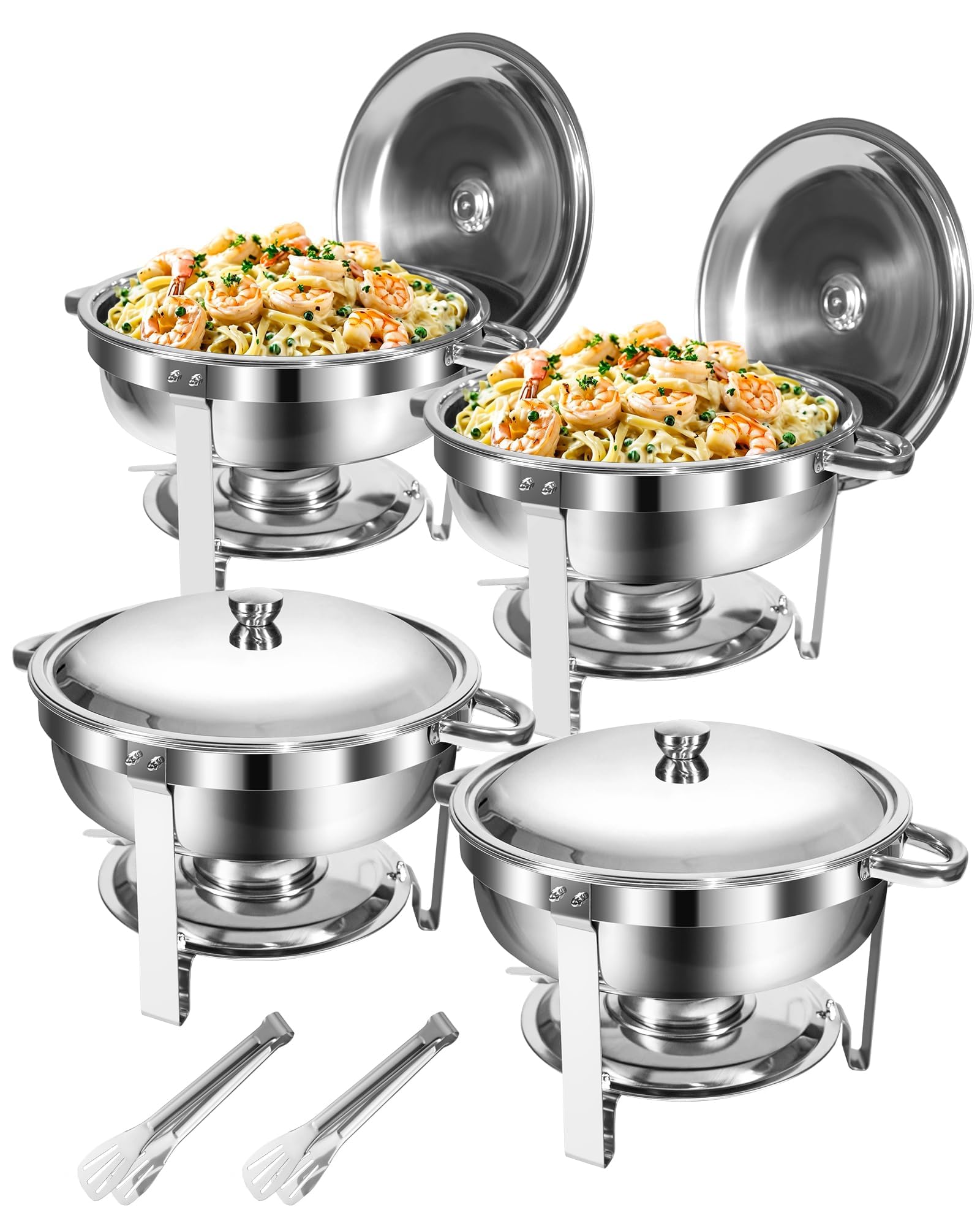 WENMILY Chafing Dish Buffet Set,4 Pack 5L Food-Grade Stainless Steel Round Chafing Dishes [Rolled Edge Design], Food Warmer Buffet with Lid Holder for Catering Buffet and Any Party,Silver