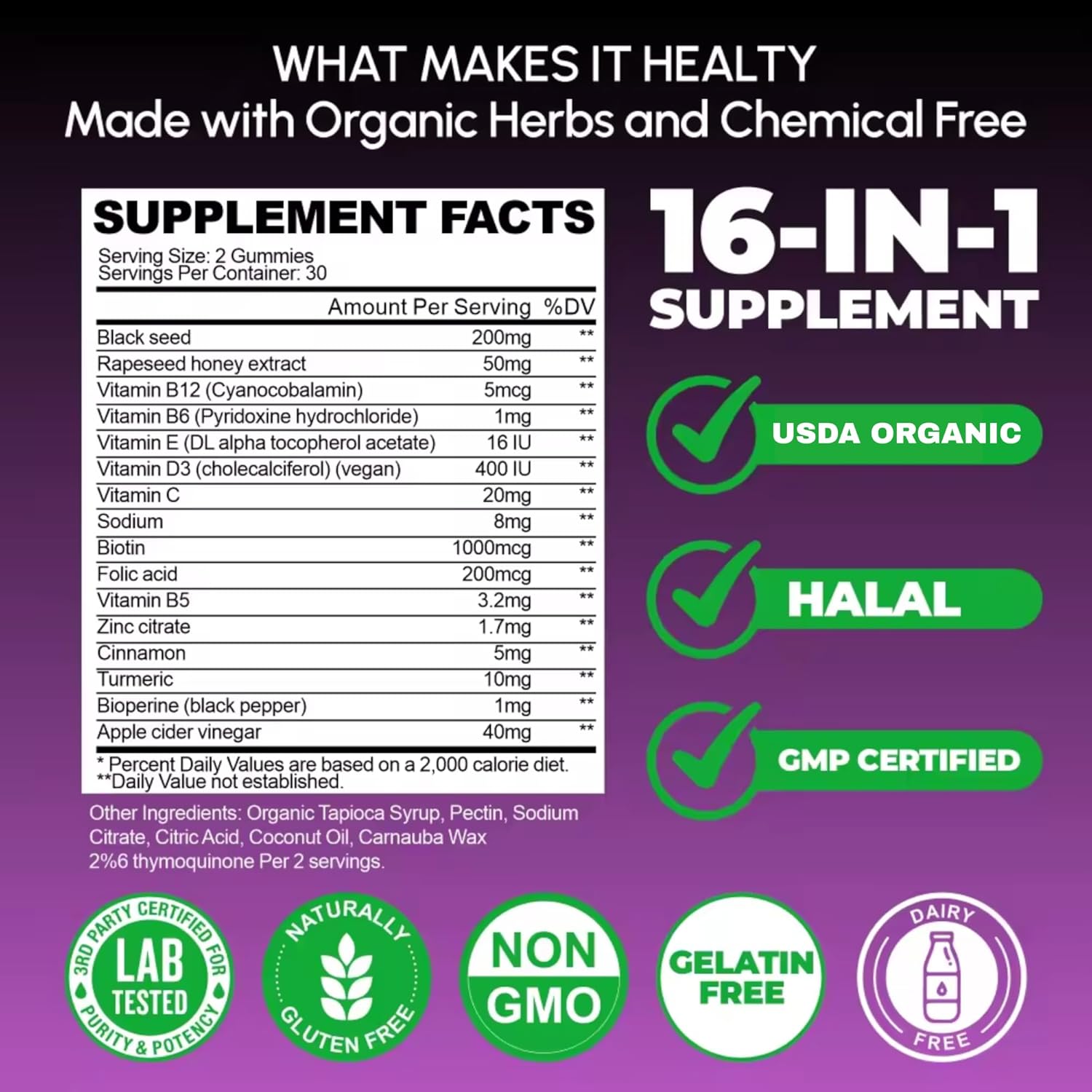 Black Seed Oil & Honey Gummies with Turmeric – 16-in-1 Supplement with Vitamins D3, B12, Biotin & Zinc –USDA Organic, Halal, Vegan, Non-GMO, 2% Thymoquinone, 60 Gummies