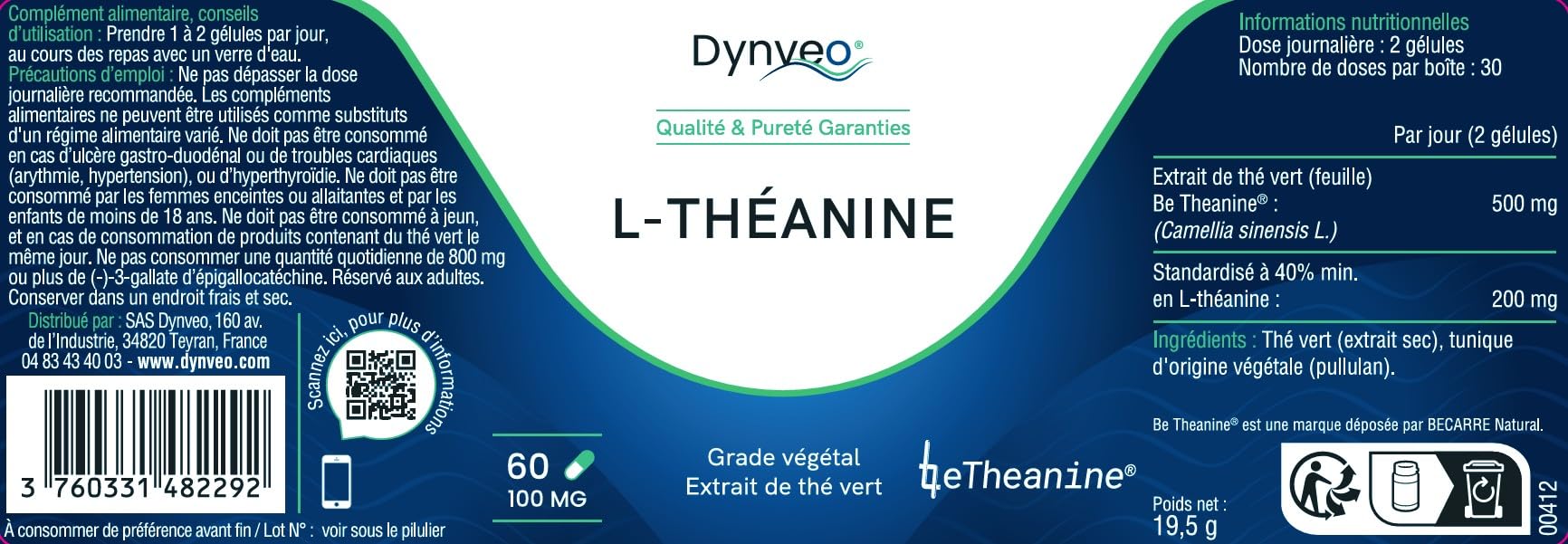 L-Théanine Végétale Be Theanine® - Relaxation, Clarté Mentale & Sommeil - Extrait thé vert 100mg - 40% min. L-théanine - 100% Origine Végétale - Biodisponibilité 60% - 60 Gélules (1 à 2 mois) - Dynveo
