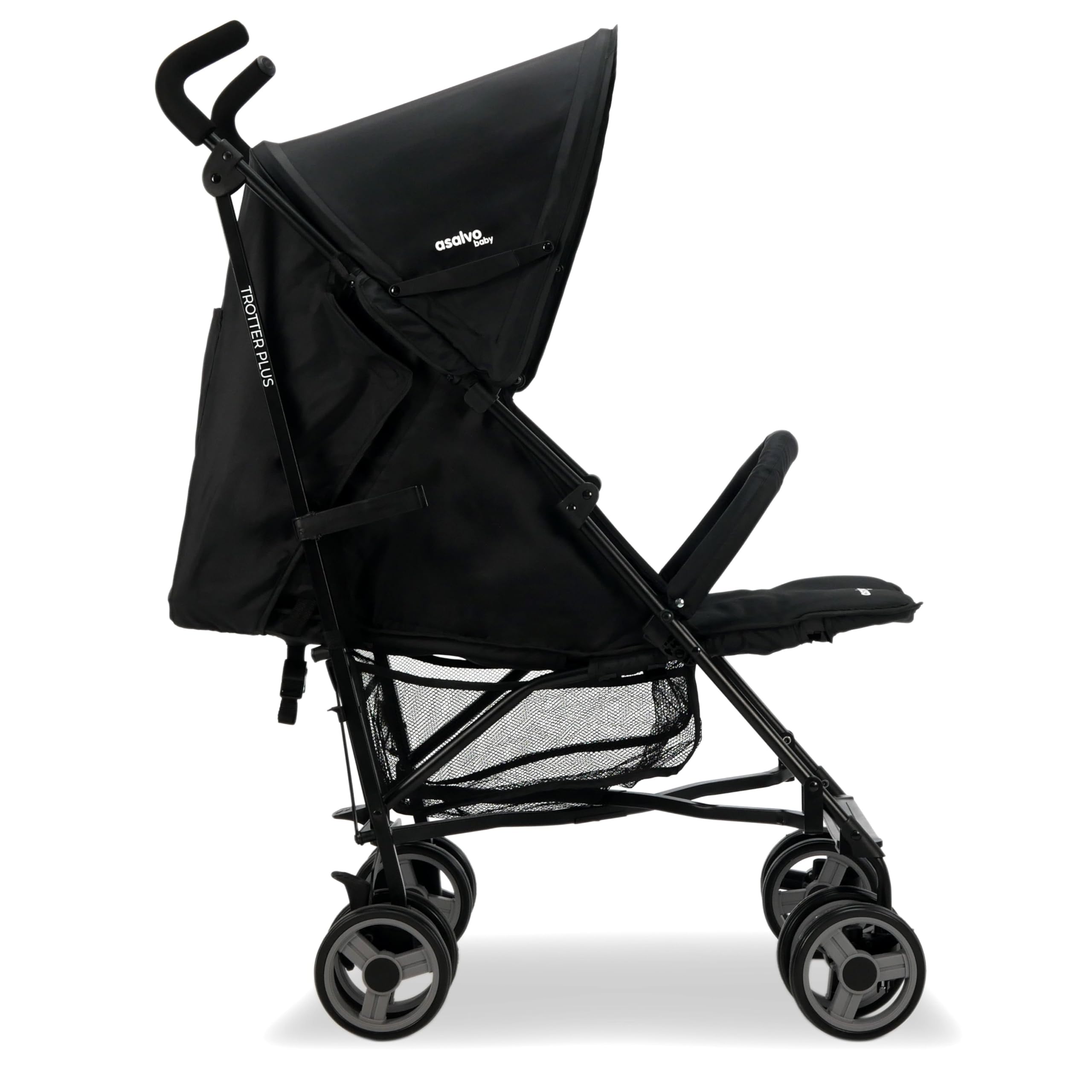 Asalvo TROTTER PLUS Silla de Paseo, Carrito bebé, Carro para bebés, Reclinable, Confortable, Ultraligera, Capota con Ventana y Freno Trasero, Manejable, Plegado compacto, Carga Máxima 25 kg, Negro