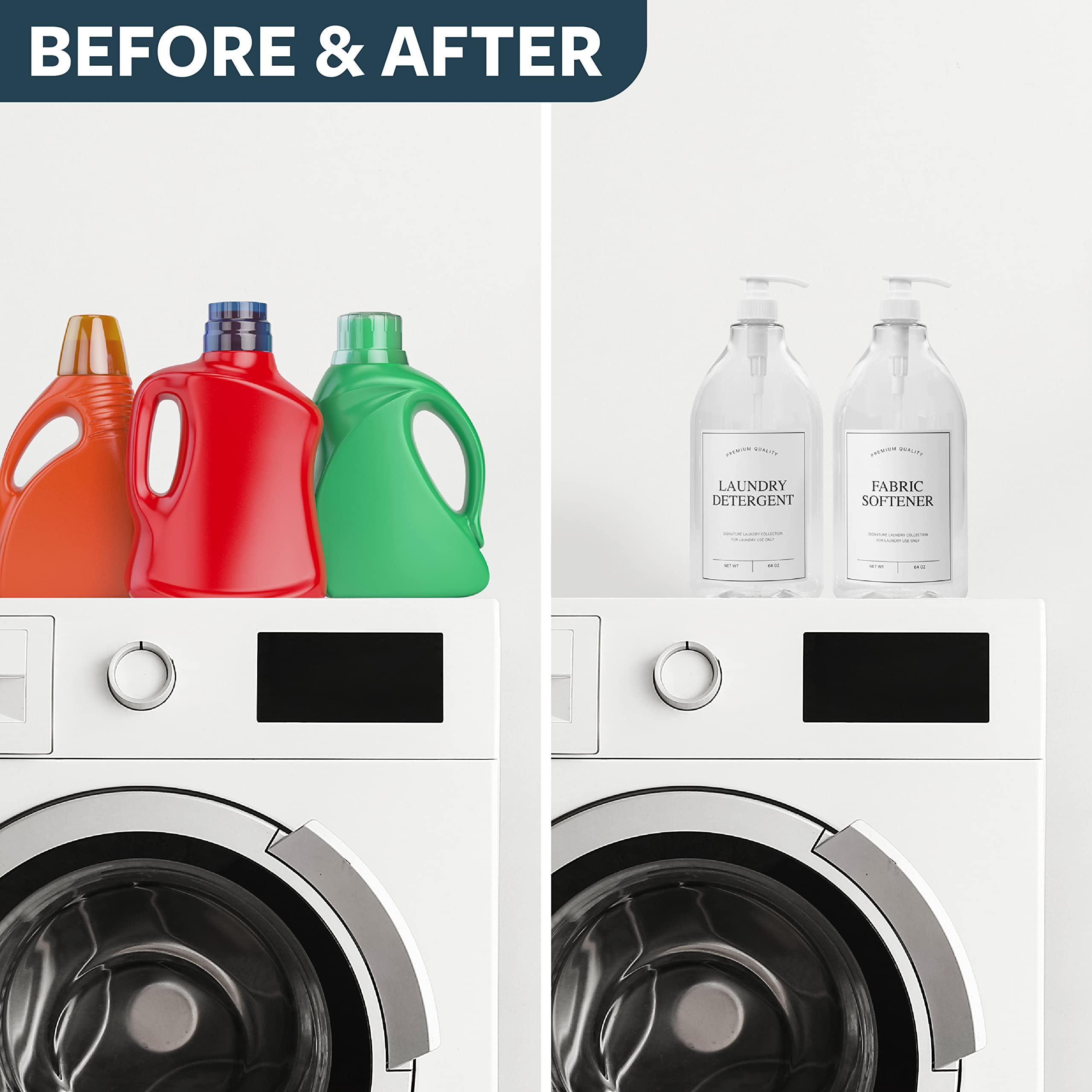 Calindiana Modern Farmhouse - Dispenser di detersivo liquido per bucato e ammorbidente per lavanderia, decorazione e organizzazione, in plastica PET, con etichette resistenti all'acqua, trasparente