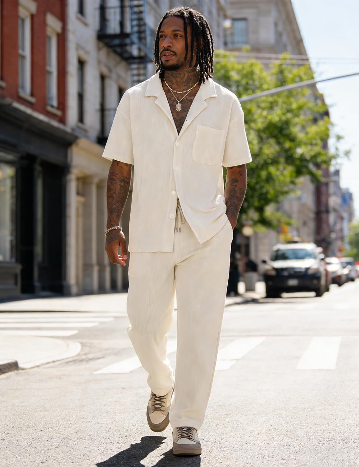 UOUA Mens Summer 2 Piece Set Casual Outfits Button Short Sleeve Shirt & Loose Pants Textured Striped Tracksuit Walking Suits image 4