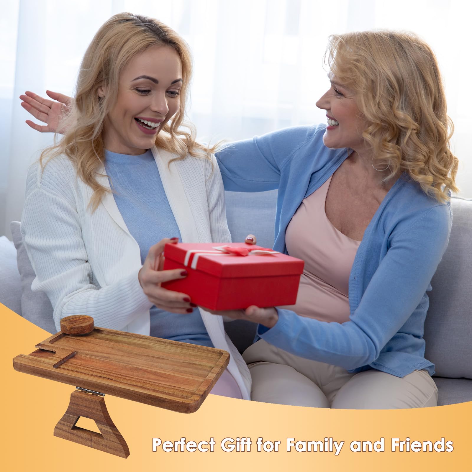 Comfoyar Bandeja Brazo Sofá, Madera Mesa Reposabrazos Sofá de Clip con Soporte Copas Vino, Mesa Plegable Sofa con Soporte Teléfono Giratorio 360°, Bandeja Sofa para Aperitivo Bebida Mando a Distancia
