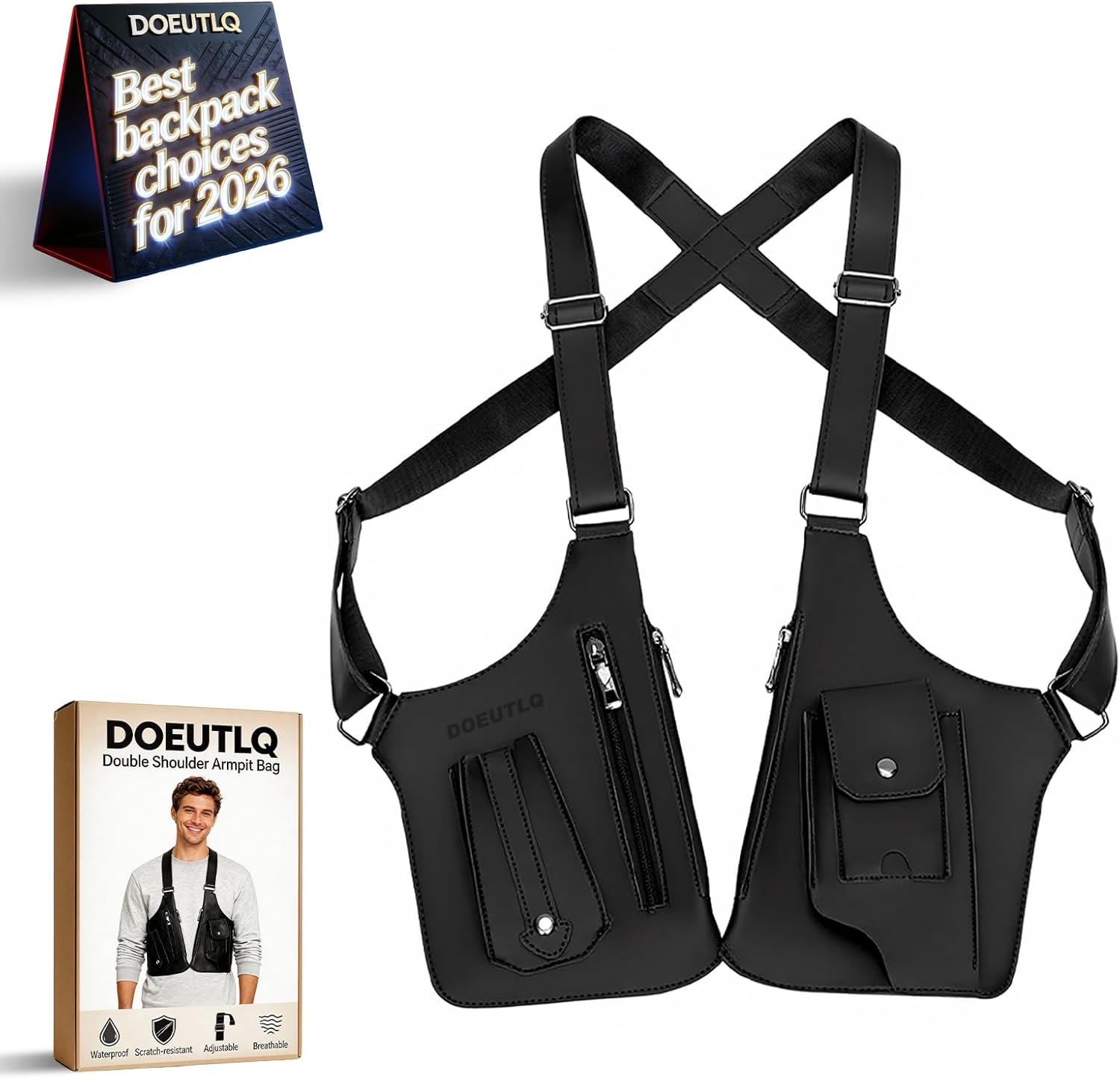 Leather Double Shoulder Armpit Bag for Men Underarm Concealed Rover The Holste Vest for Mens Adjustable Leather Bag (Black)