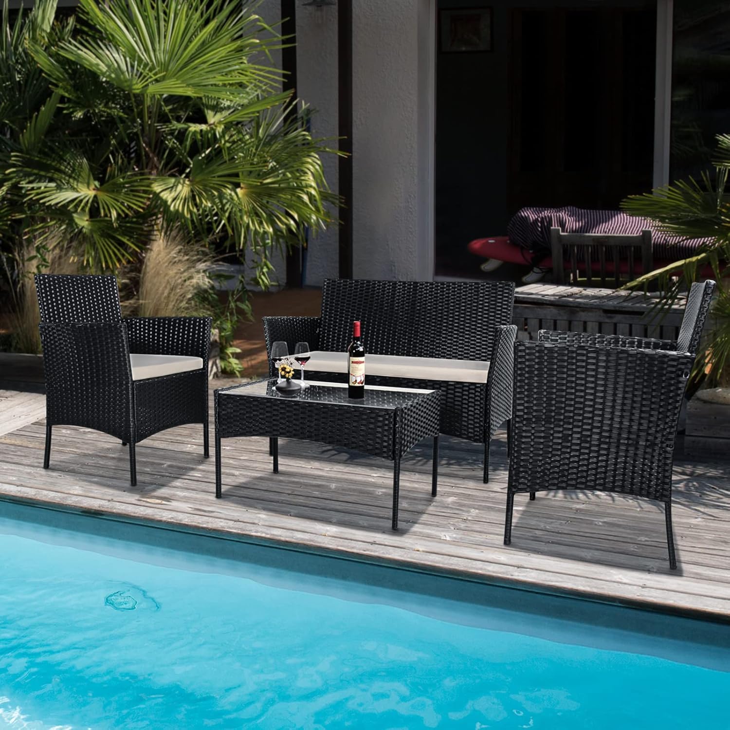 bigzzia. Juego de Muebles de jardín de ratán, 4 Piezas, Muebles de Mimbre para Patio, 2 sillones, 1 sofá de Dos Lugares y 1 Mesa (Negro)