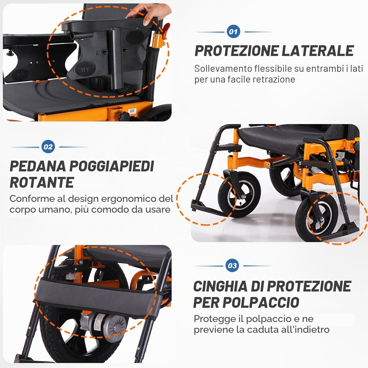 Sedia a rotelle elettrica pieghevole con luce a LED, portata fino a 150 kg, larghezza 50 cm, pieghevole, leggera, elettrica a rotelle