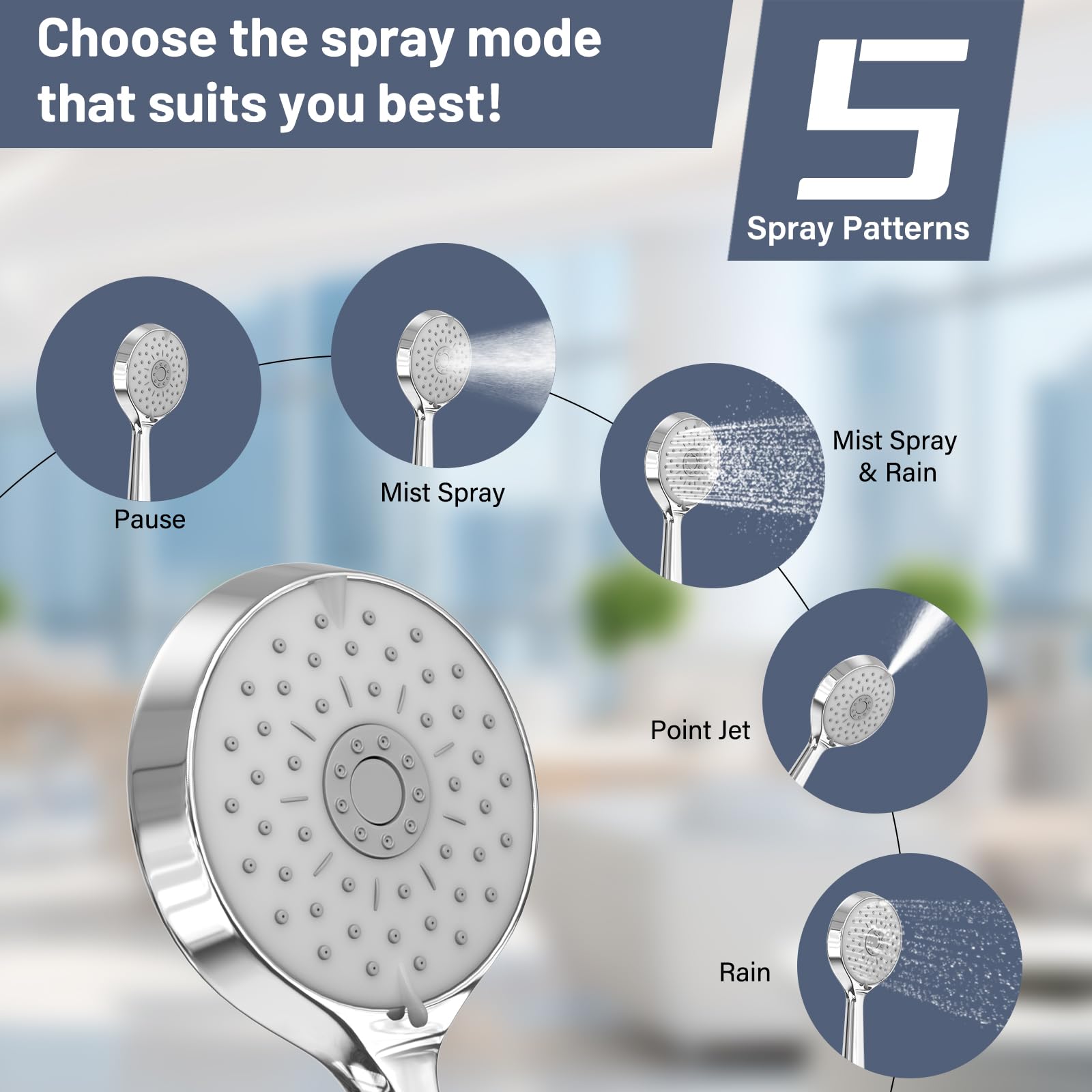 Soffione doccia 5 in 1, soffione doccia a pioggia da 25,4 cm con combinazione spray portatile, soffione doccia ad alta pressione a 3 vie con braccio di estensione da 10,5 pollici, soffione