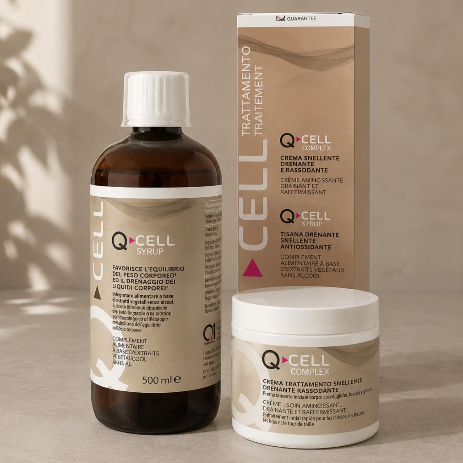 Q1, Q-Cell, Kit Anticellulite Crema Snellente 200 ml + Tisana Drenante 500 ml, Trattamento Snellente Corpo Completo per Cosce, Glutei, Braccia e Pancia, Azione Rassodante, Drenante e Tonificante