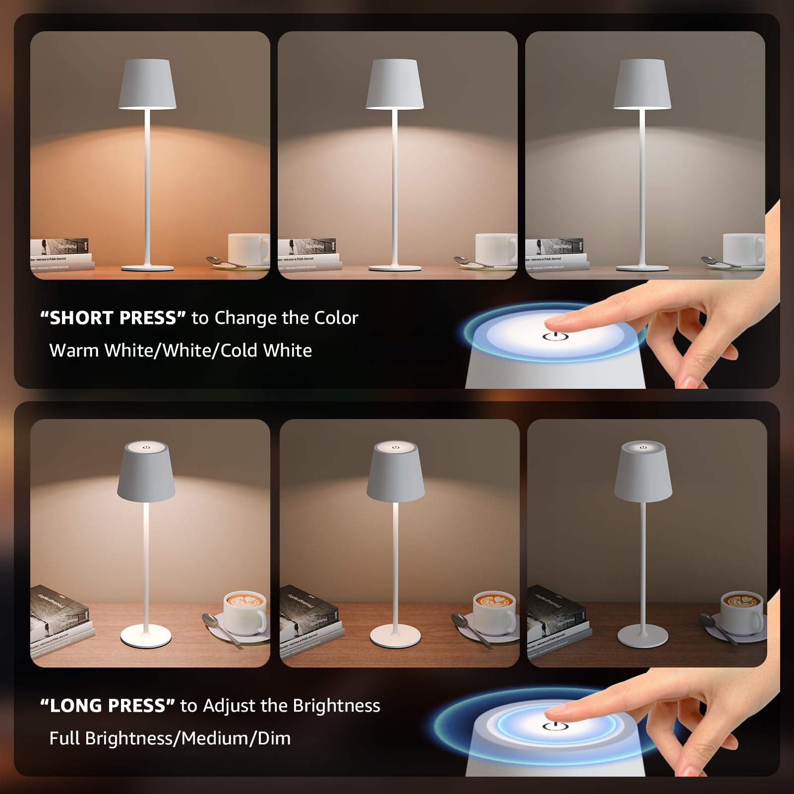 uuffoo Confezione da 3 lampade da tavolo senza fili, ricaricabili a batteria, 5000 mAh, luci LED touch control portatili, 3 colori dimmerabili, per esterni, caffè, camera da letto, cucina (bianco)