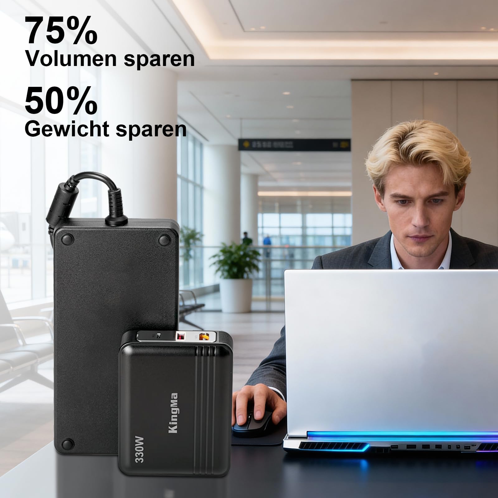 King Ma per Razer Blade 18 (2025 2026) con caricatore portatile 5080/5090 GaN, caricatore portatile a 3 porte, ricarica USB veloce con uscita da 20V/20A per gaming e caricabatterie tecnici per laptop